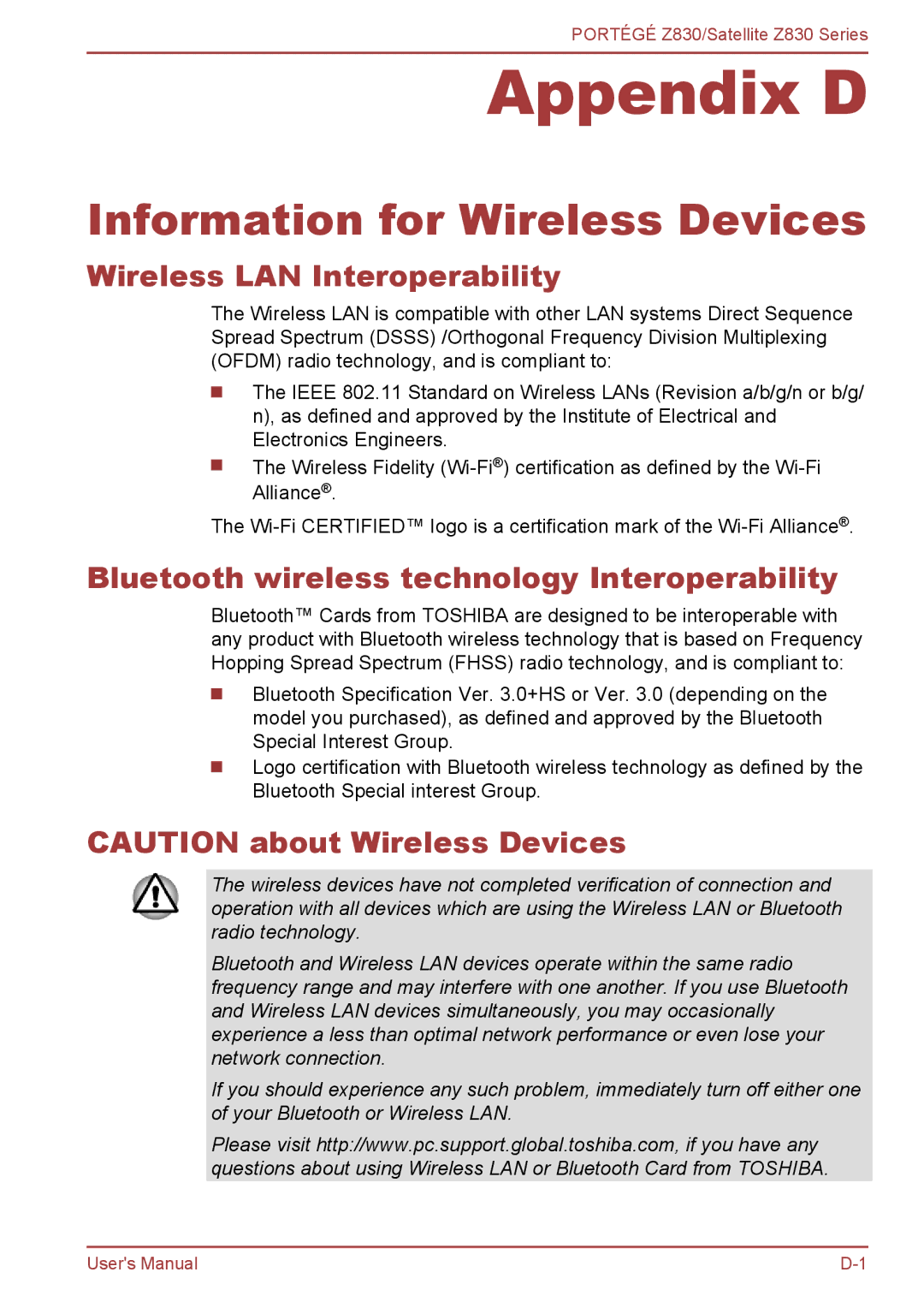 Toshiba Z830 user manual Information for Wireless Devices, Wireless LAN Interoperability 