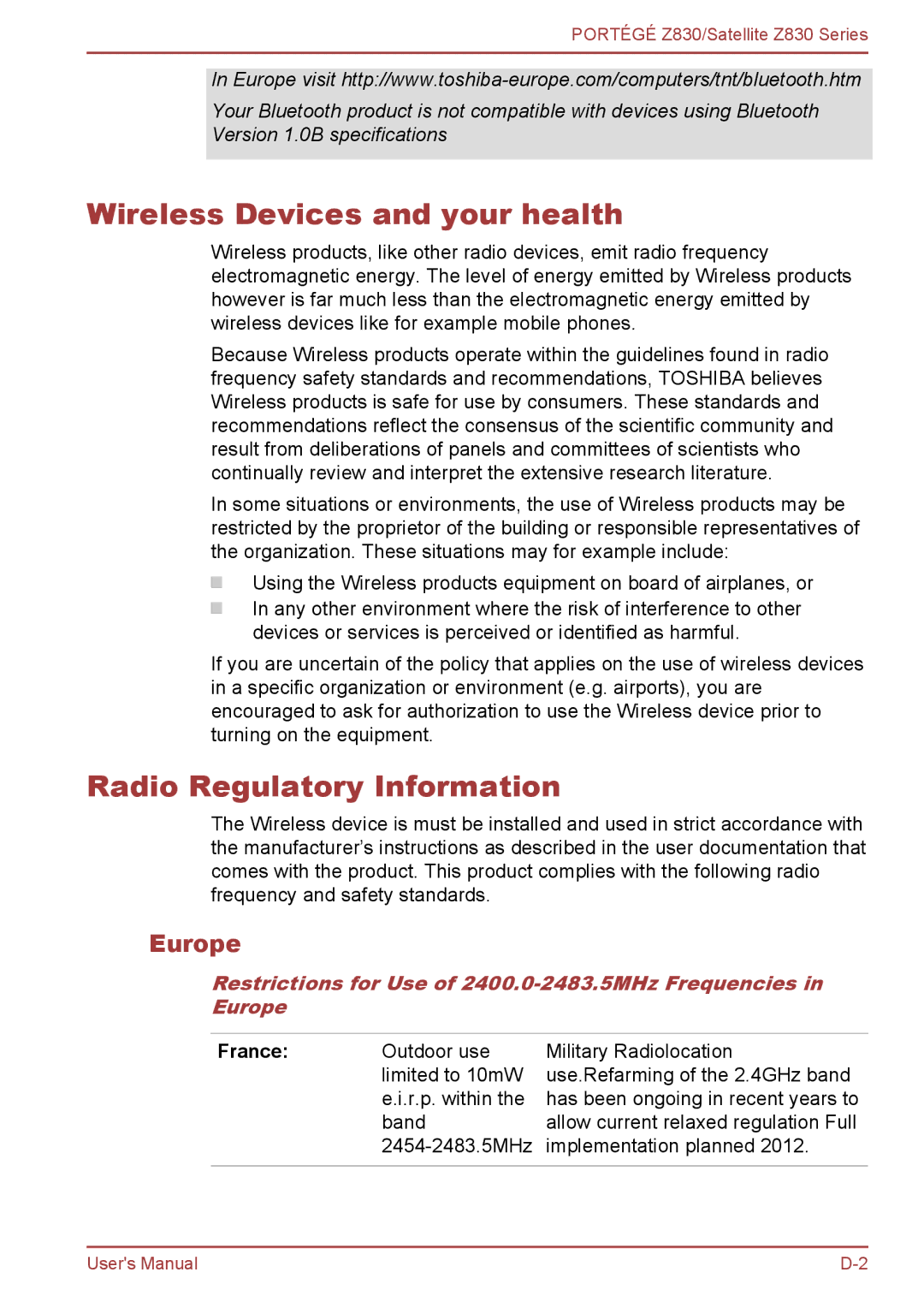 Toshiba Z830 user manual Wireless Devices and your health, Radio Regulatory Information, Europe 