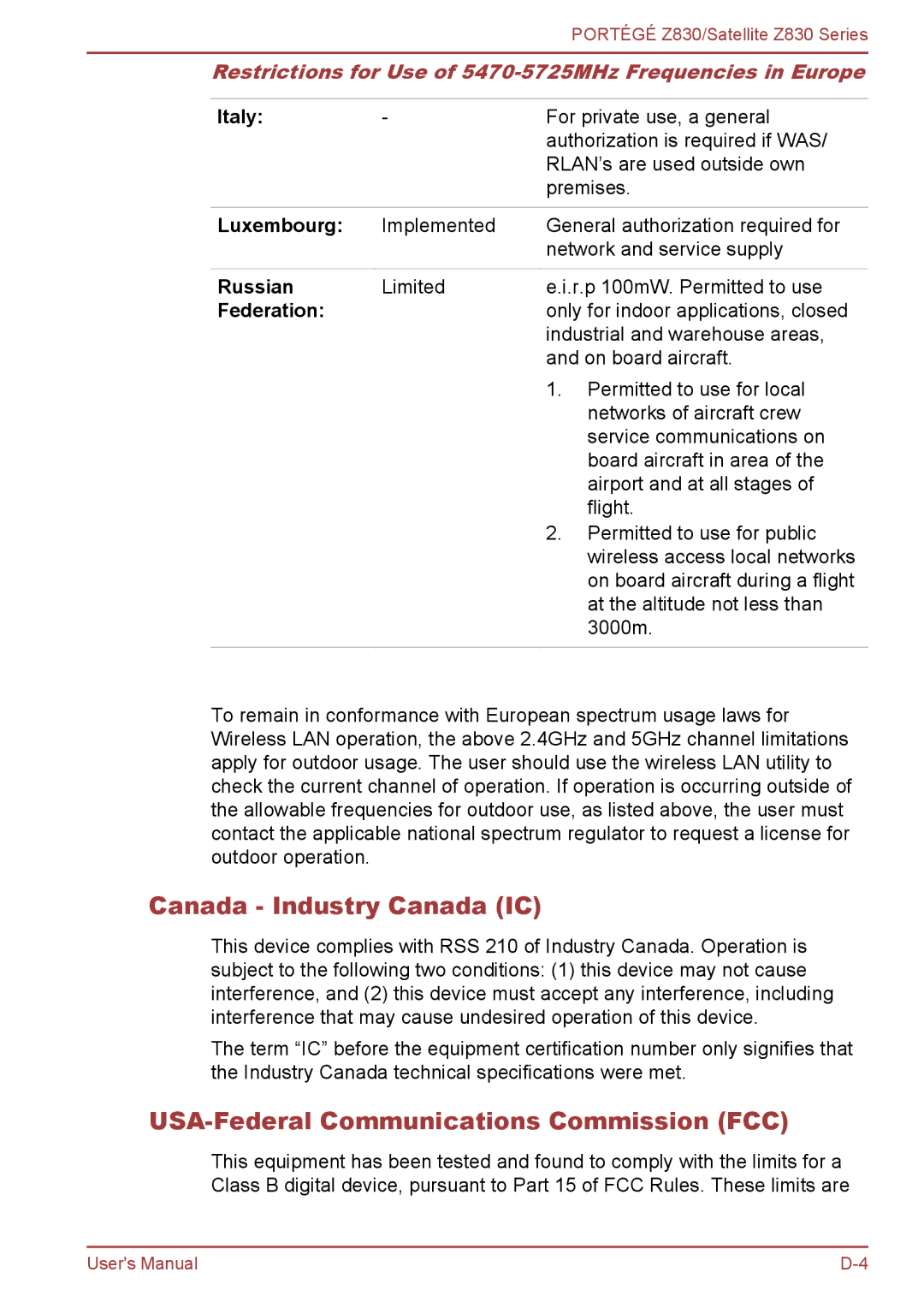 Toshiba Z830 user manual Canada Industry Canada IC, USA-Federal Communications Commission FCC 