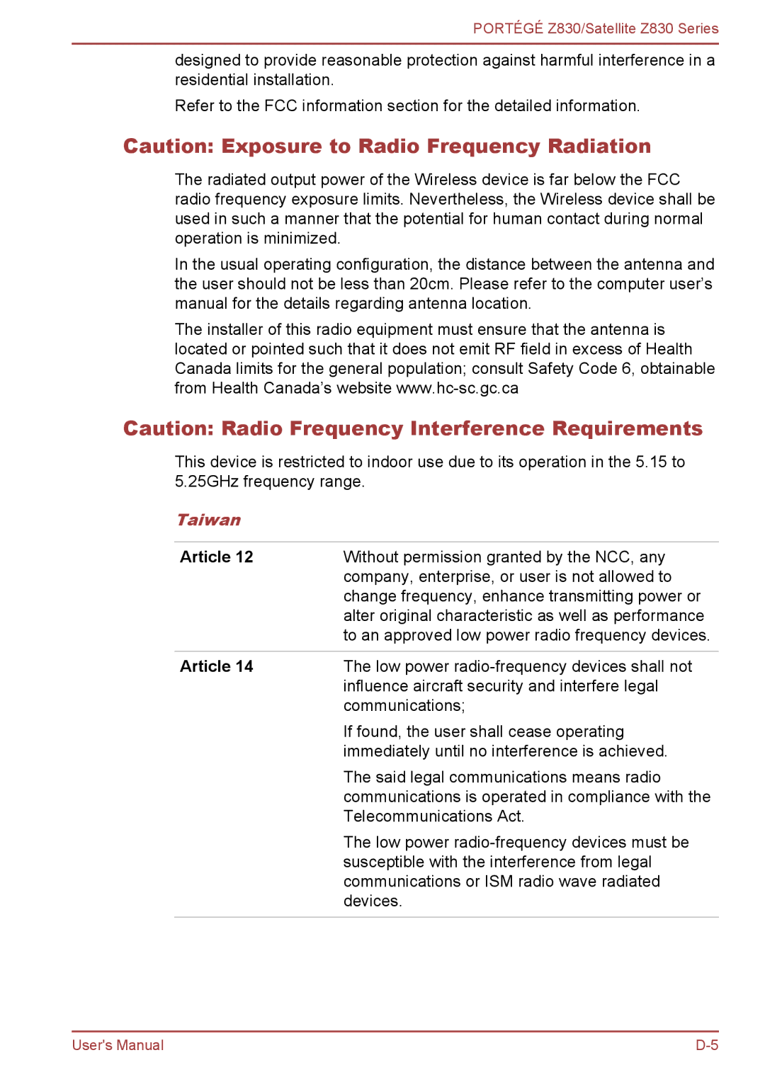 Toshiba Z830 user manual Taiwan, Article 