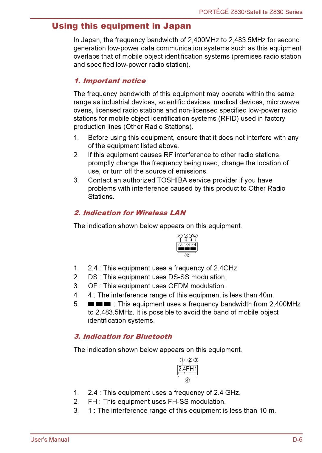 Toshiba Z830 Using this equipment in Japan, Important notice, Indication for Wireless LAN, Indication for Bluetooth 