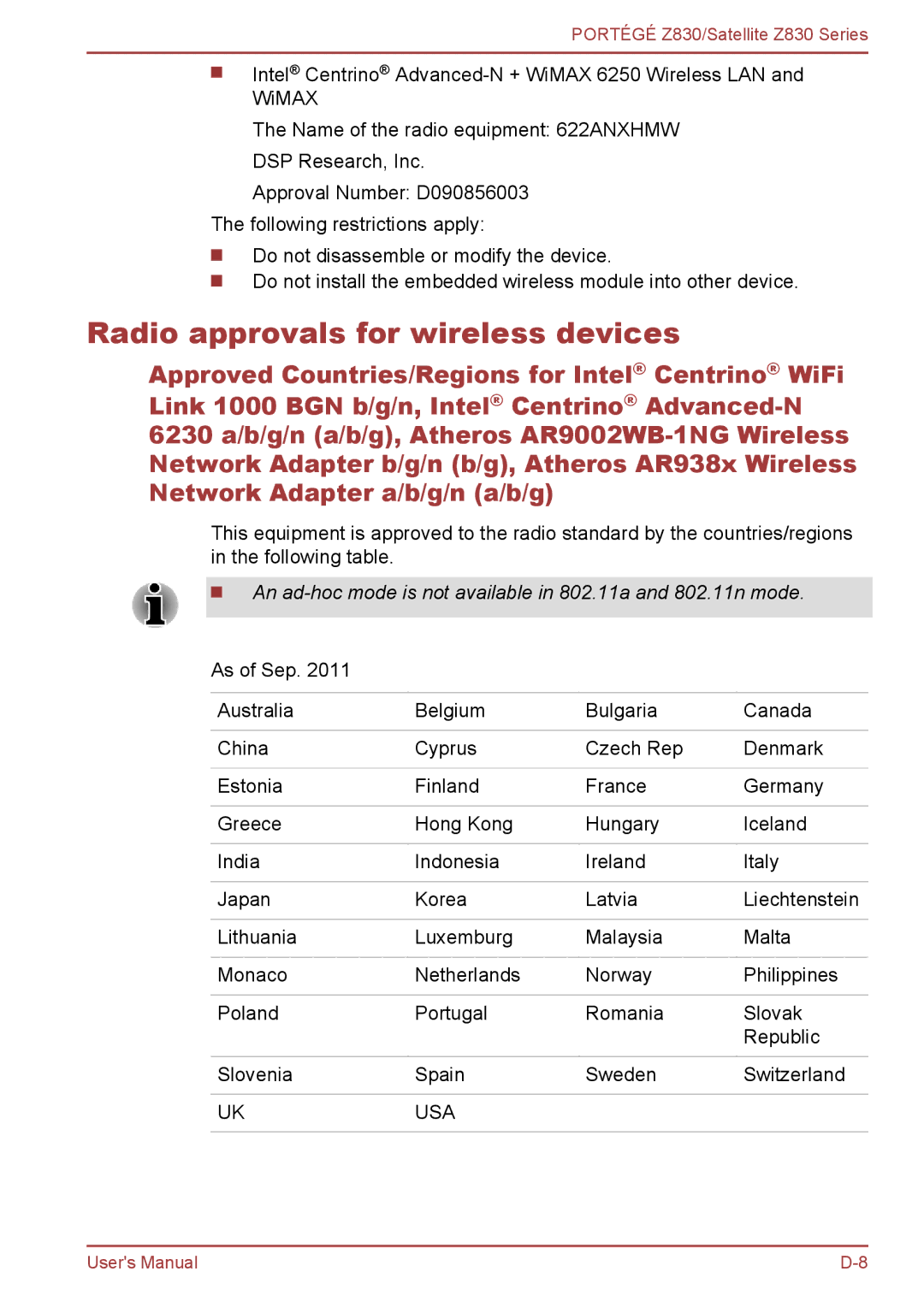 Toshiba Z830 user manual Radio approvals for wireless devices, An ad-hoc mode is not available in 802.11a and 802.11n mode 