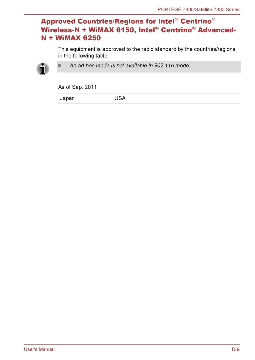 Toshiba Z830 user manual An ad-hoc mode is not available in 802.11n mode 