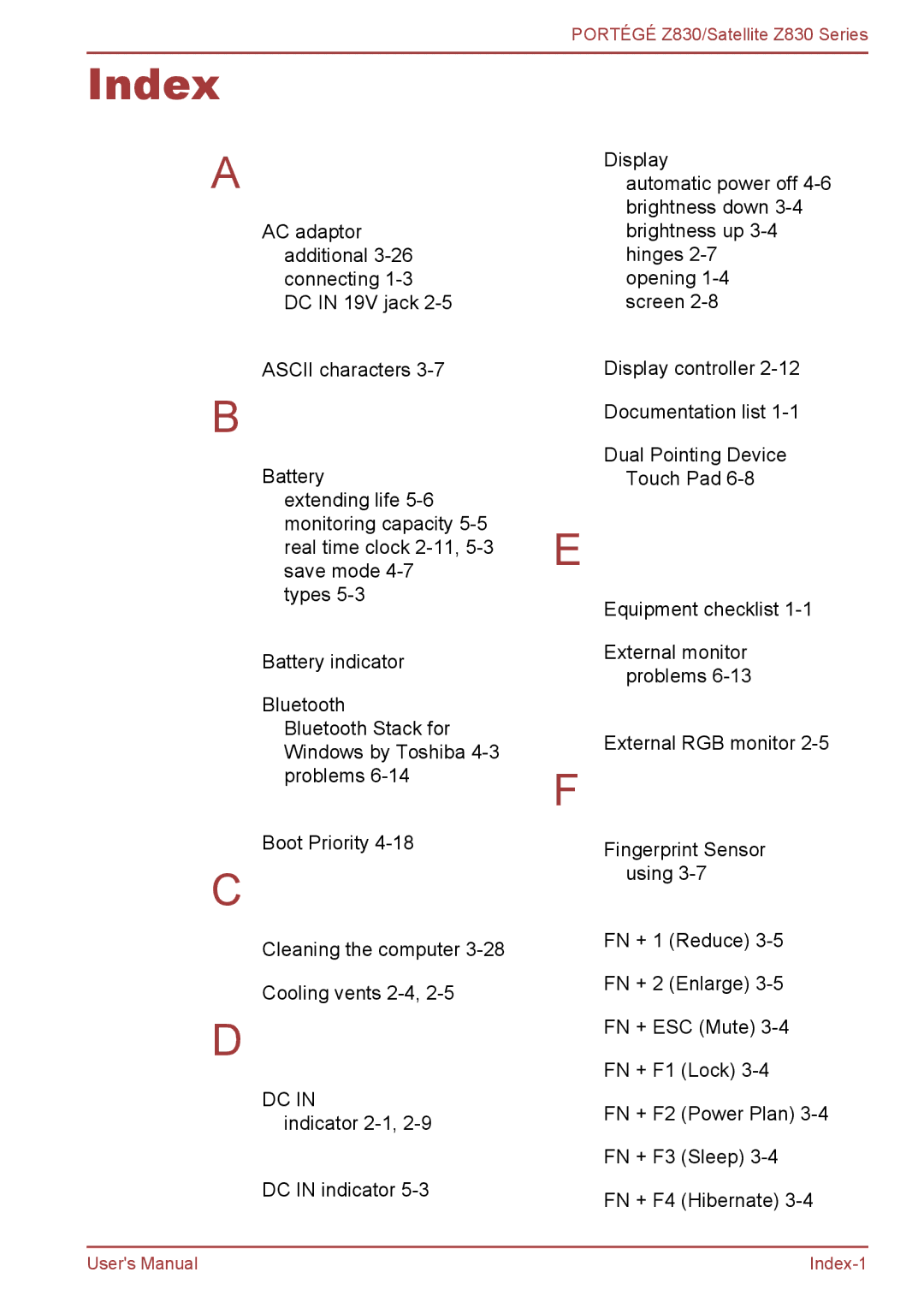 Toshiba Z830 user manual Index 