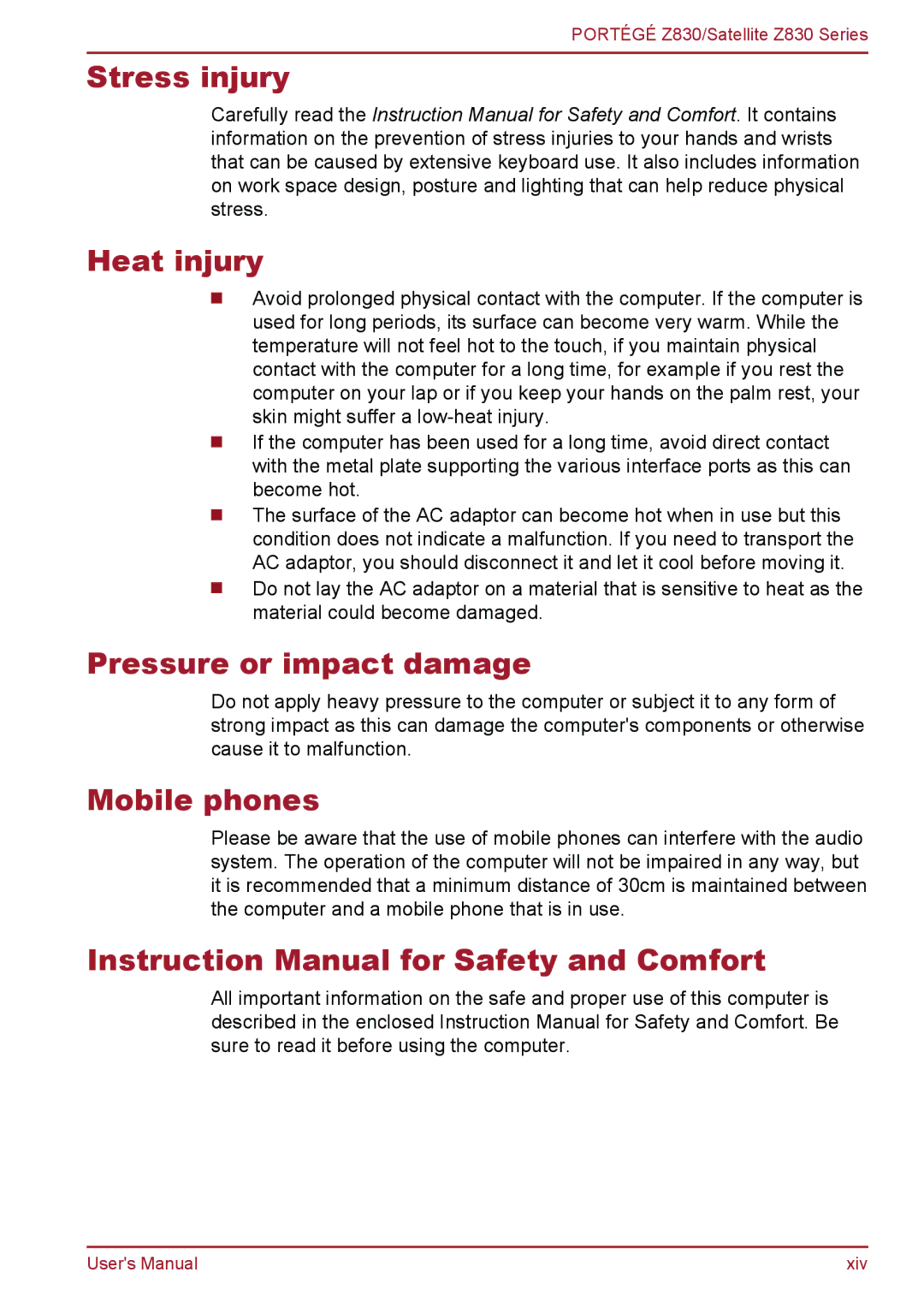 Toshiba Z830 user manual Stress injury Heat injury, Pressure or impact damage, Mobile phones 