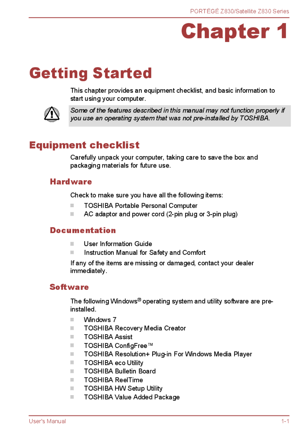Toshiba Z830 user manual Getting Started, Equipment checklist, Hardware, Documentation, Software 