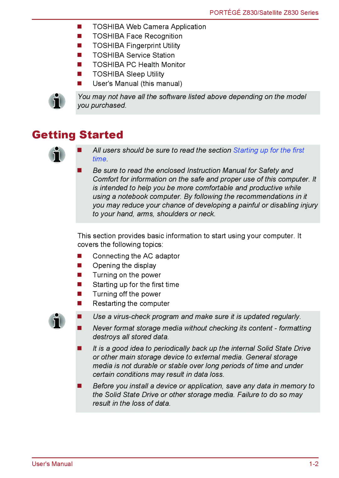 Toshiba Z830 user manual Getting Started 