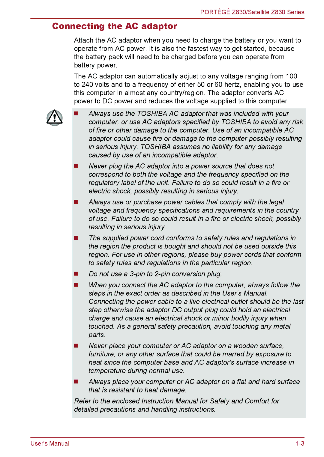 Toshiba Z830 user manual Connecting the AC adaptor 