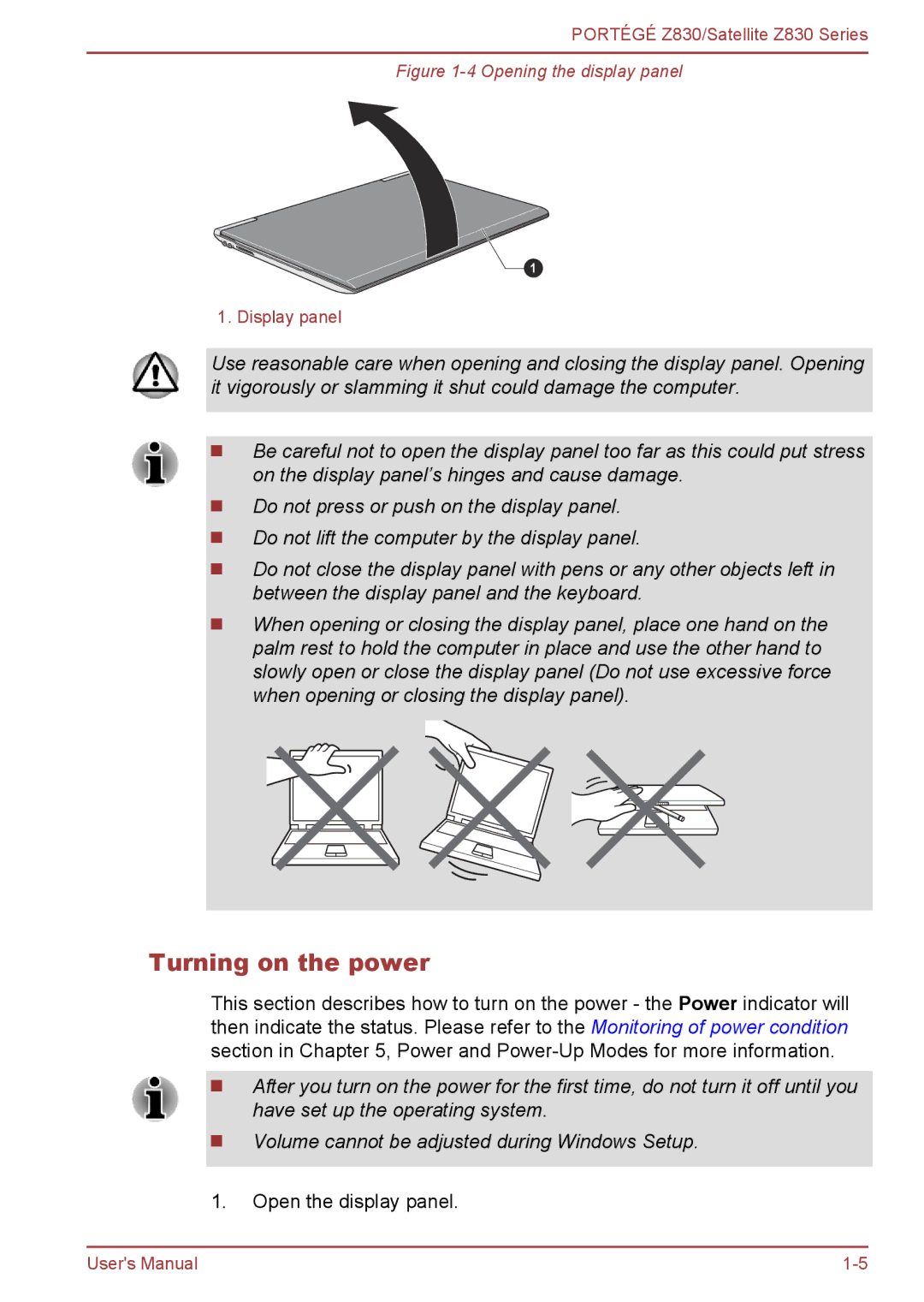 Toshiba Z830 user manual Turning on the power, Opening the display panel 