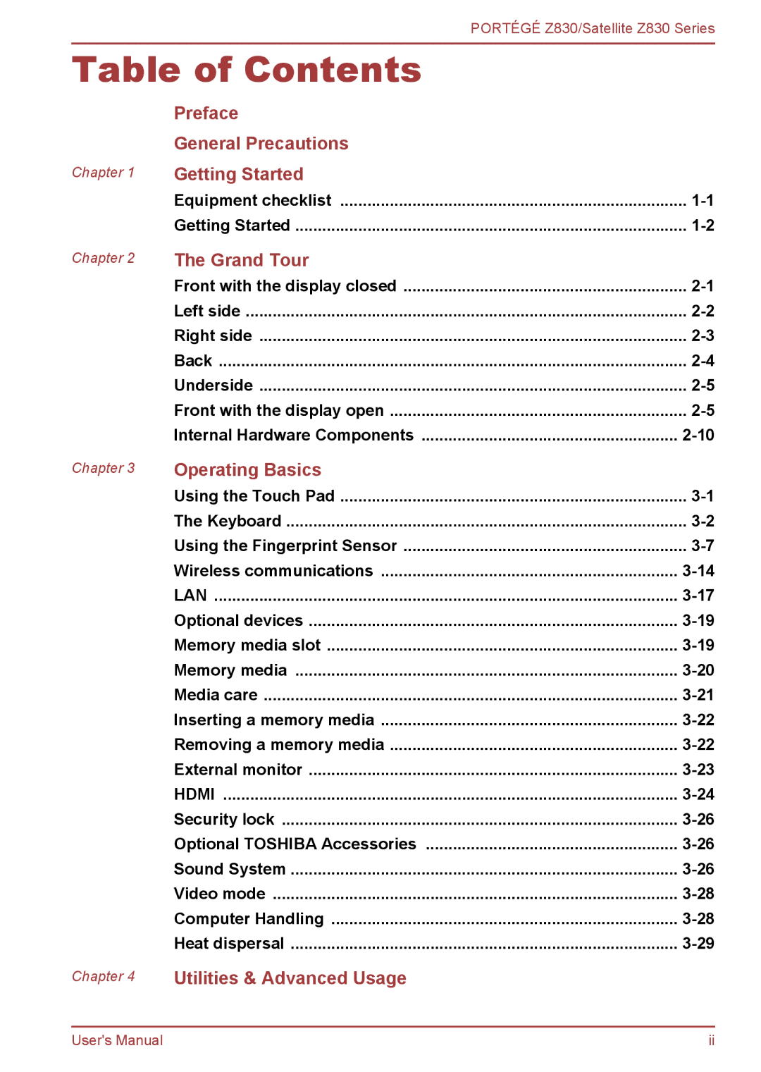 Toshiba Z830 user manual Table of Contents 