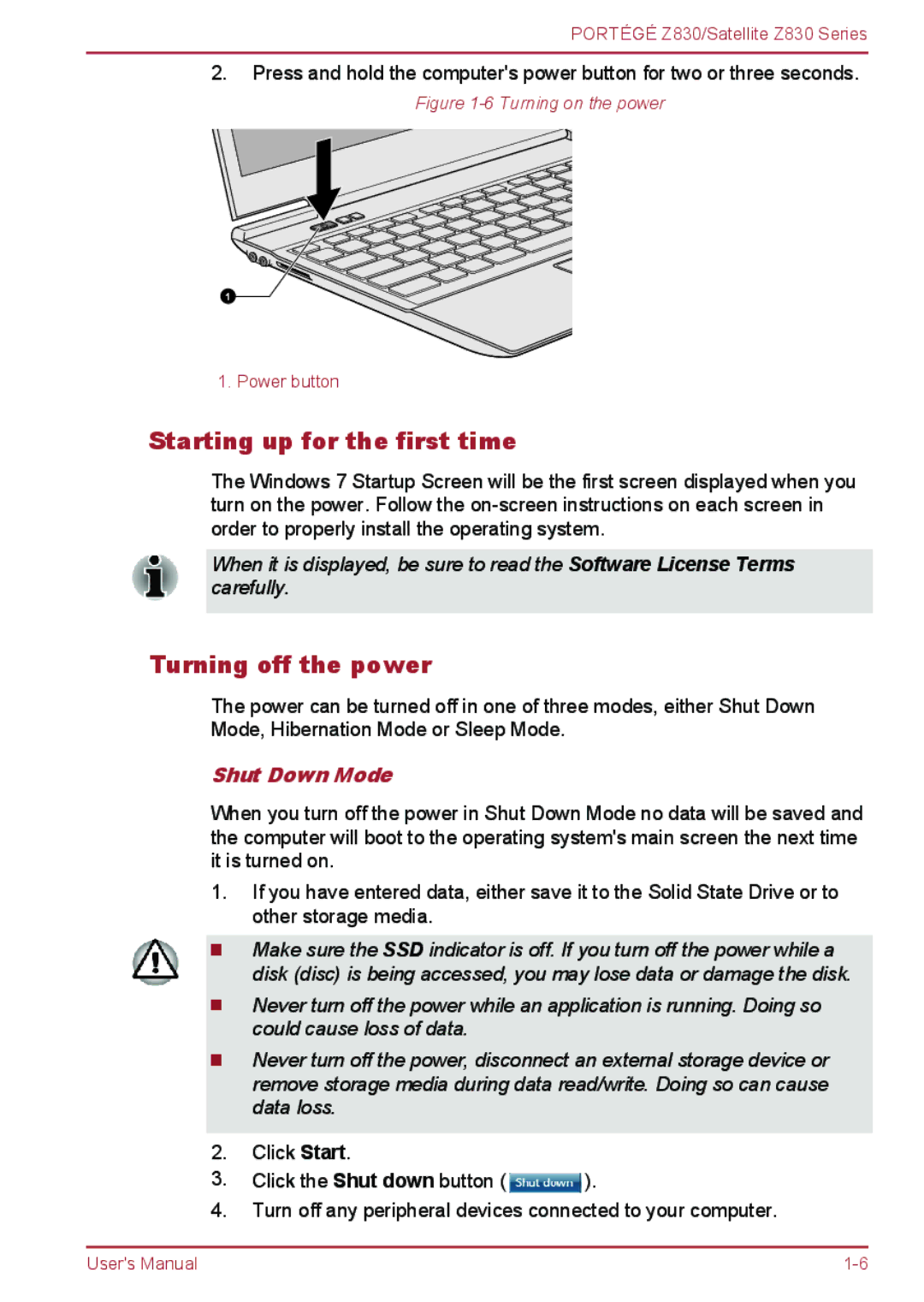 Toshiba Z830 user manual Starting up for the first time, Turning off the power, Shut Down Mode 