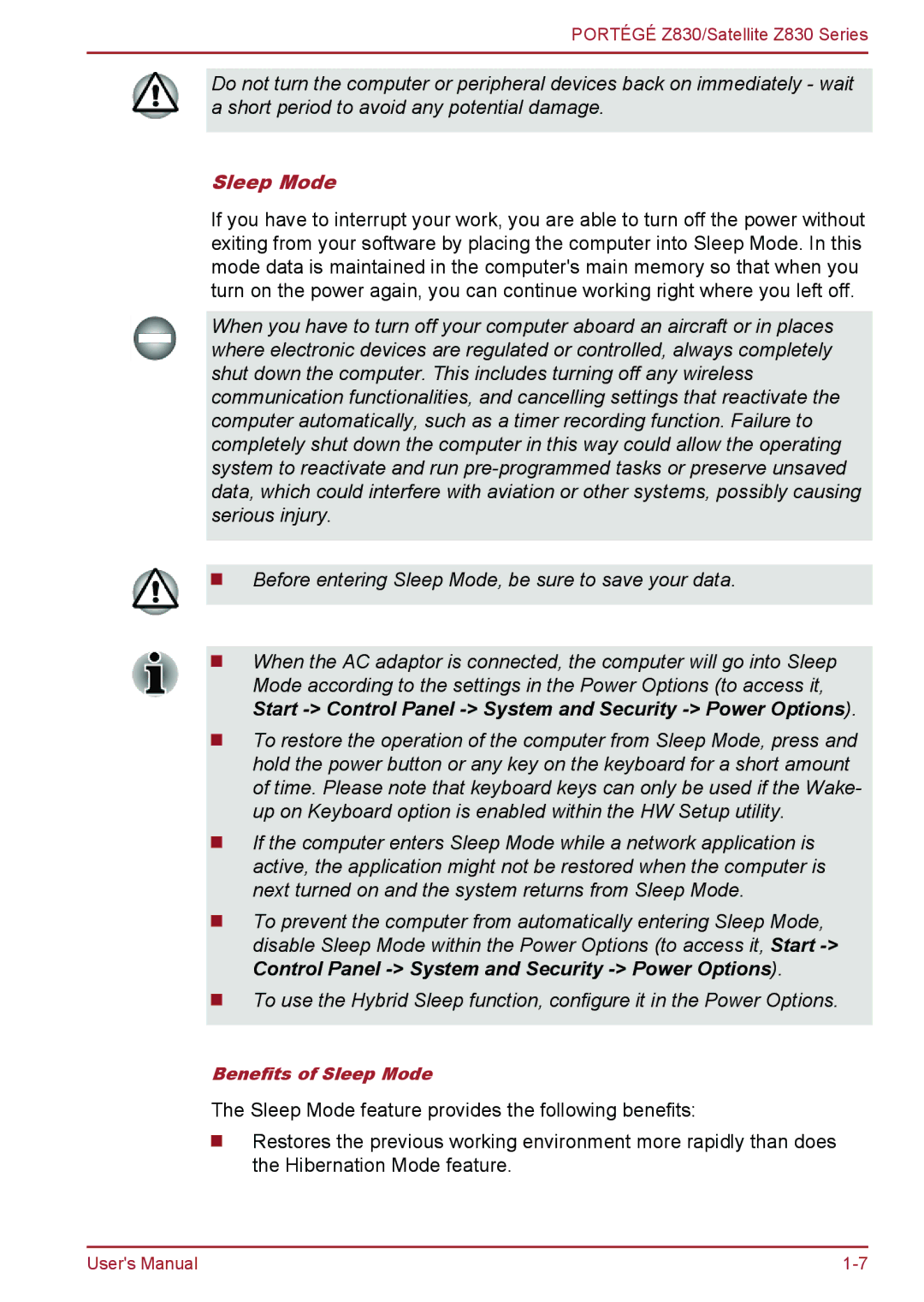 Toshiba Z830 user manual Sleep Mode 