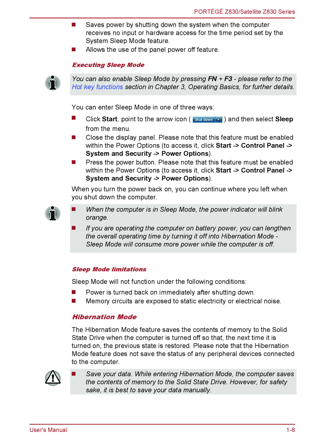 Toshiba Z830 user manual Hibernation Mode, Executing Sleep Mode 