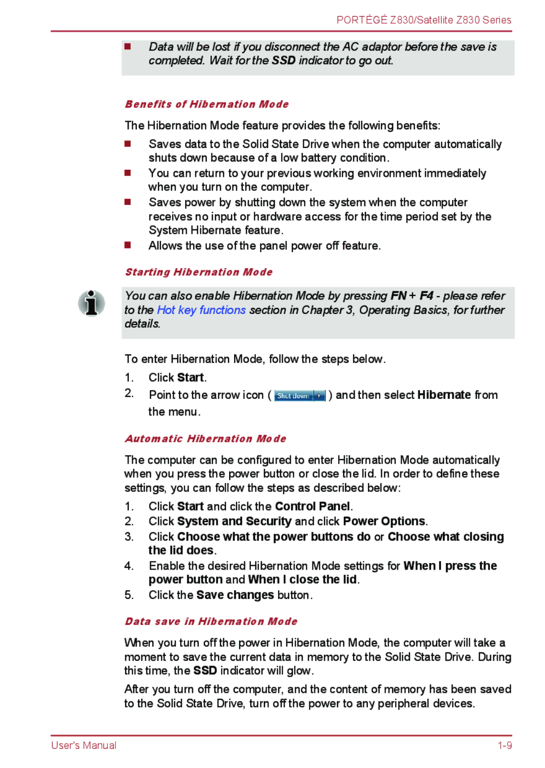 Toshiba Z830 user manual Benefits of Hibernation Mode 