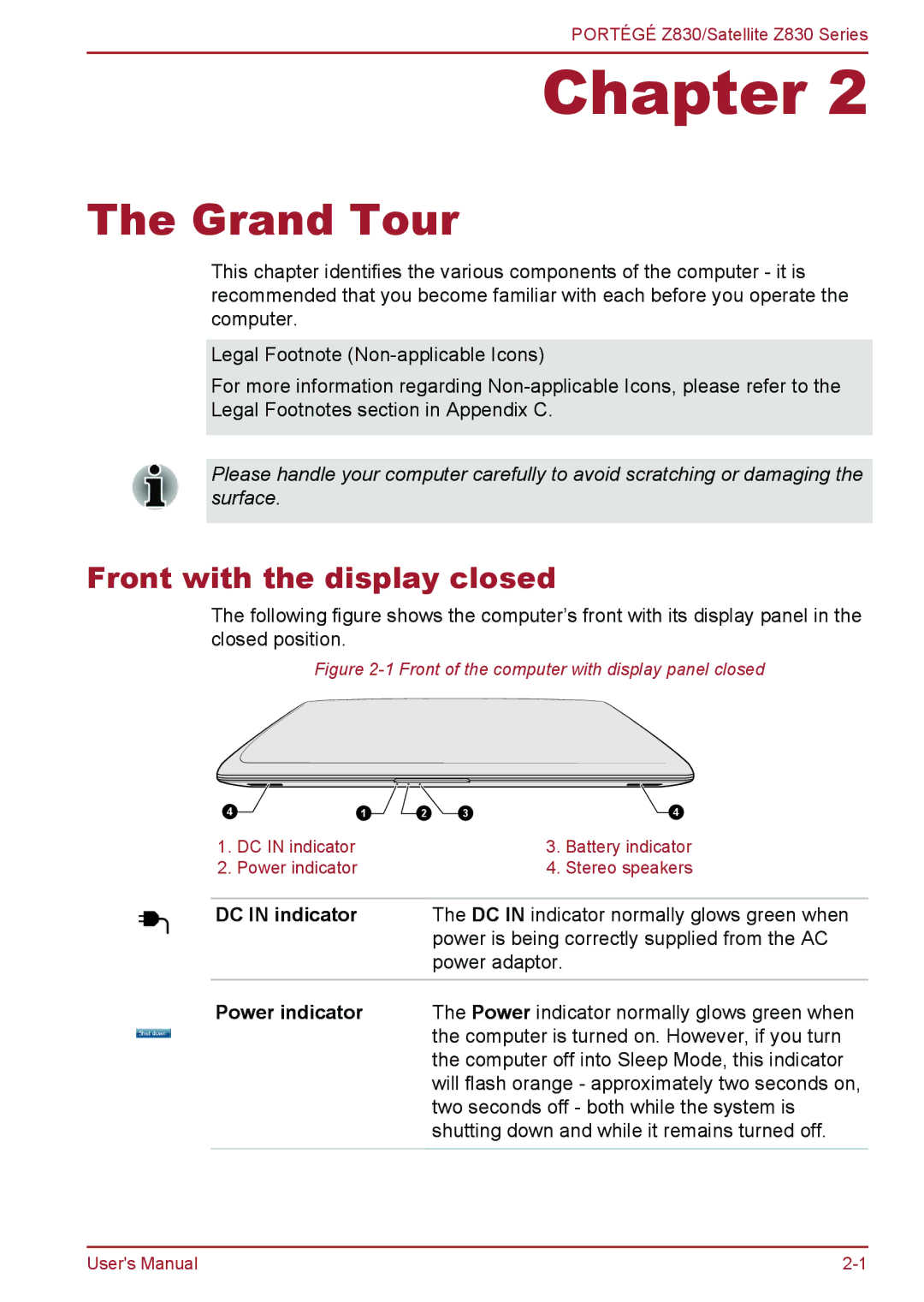 Toshiba Z830 user manual Grand Tour, Front with the display closed, DC in indicator, Power indicator 