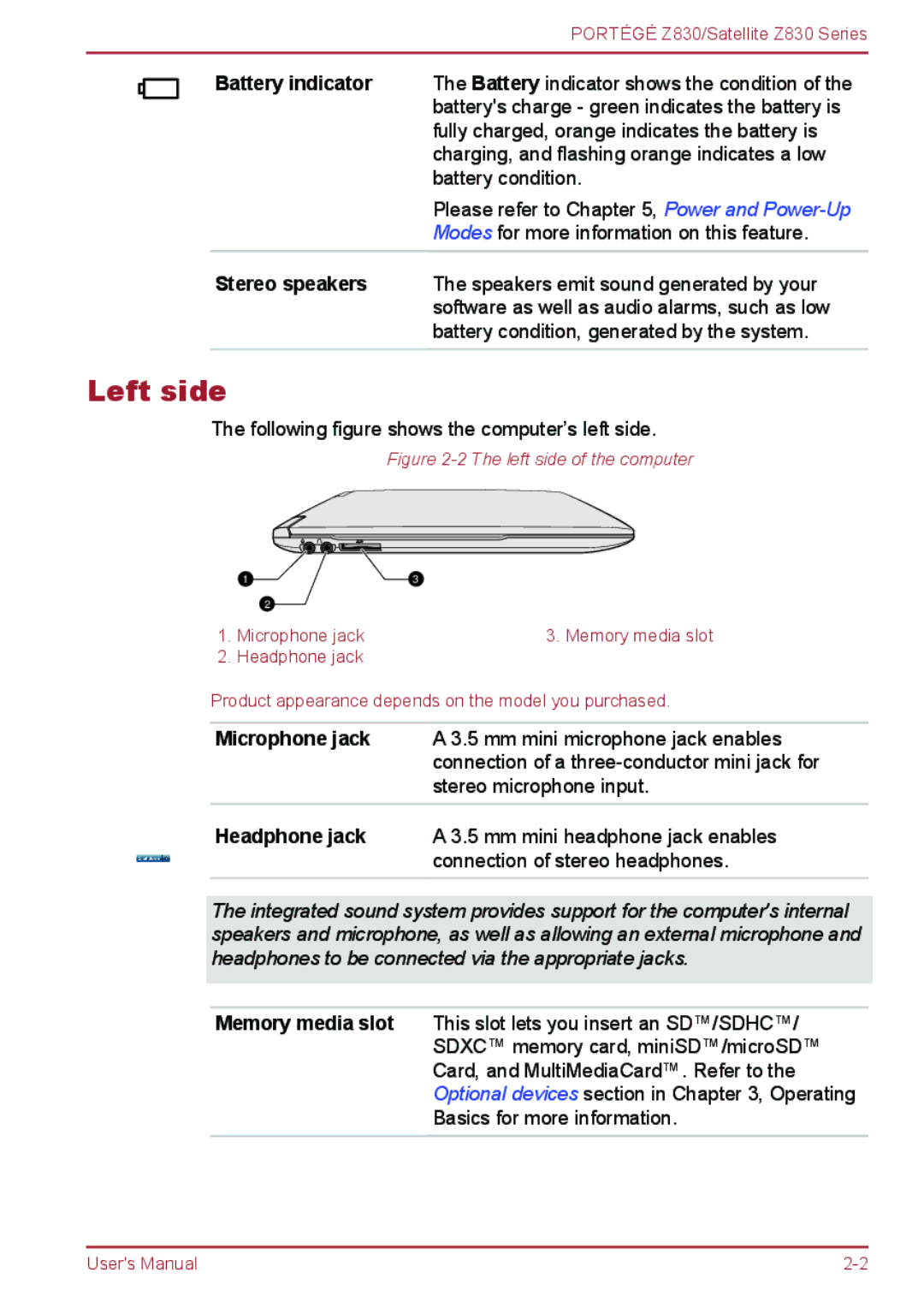 Toshiba Z830 user manual Left side, Following figure shows the computer’s left side 