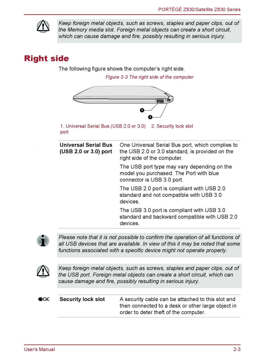 Toshiba Z830 user manual Right side of the computer 