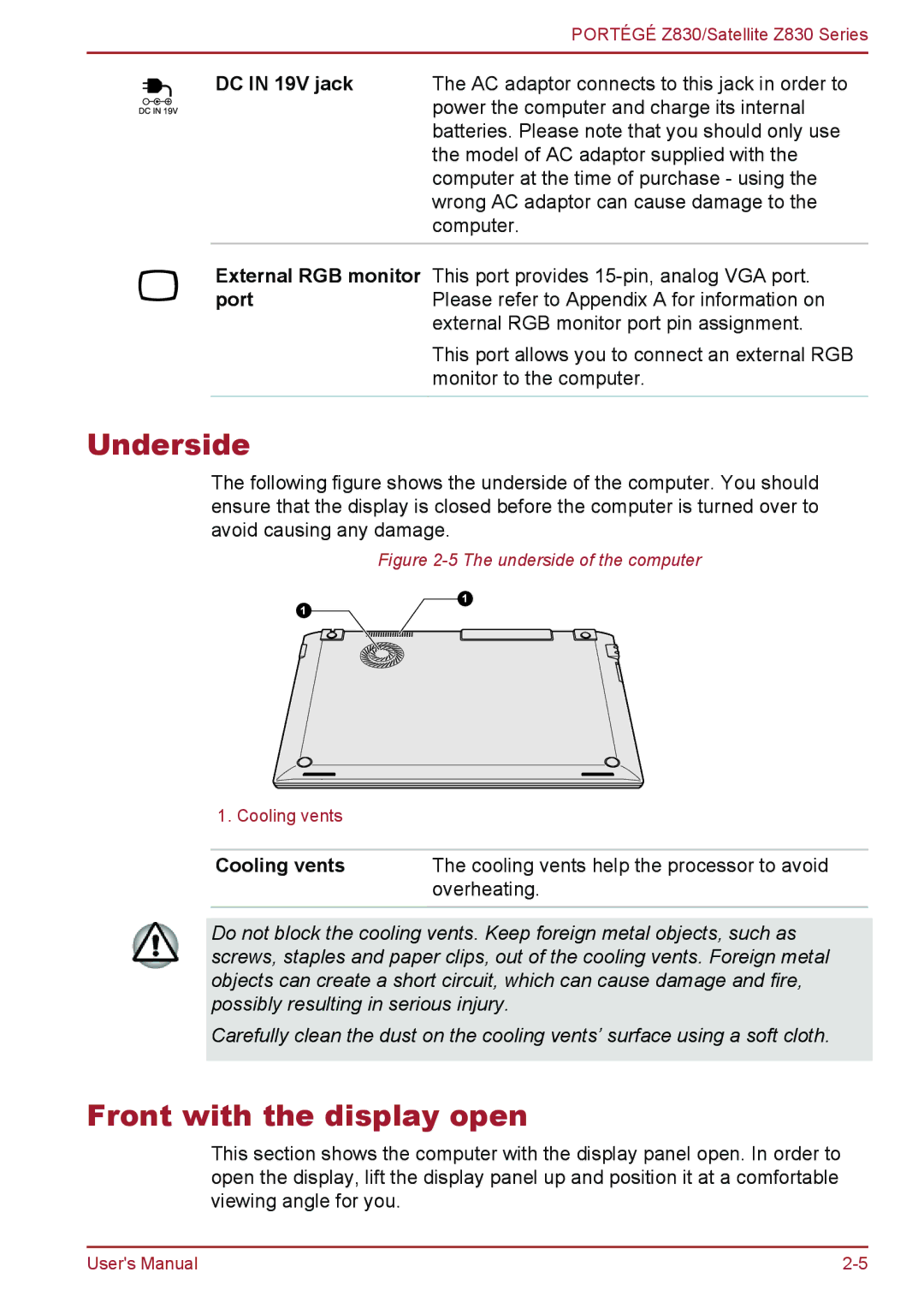 Toshiba Z830 user manual Underside, Front with the display open, DC in 19V jack, External RGB monitor, Port 