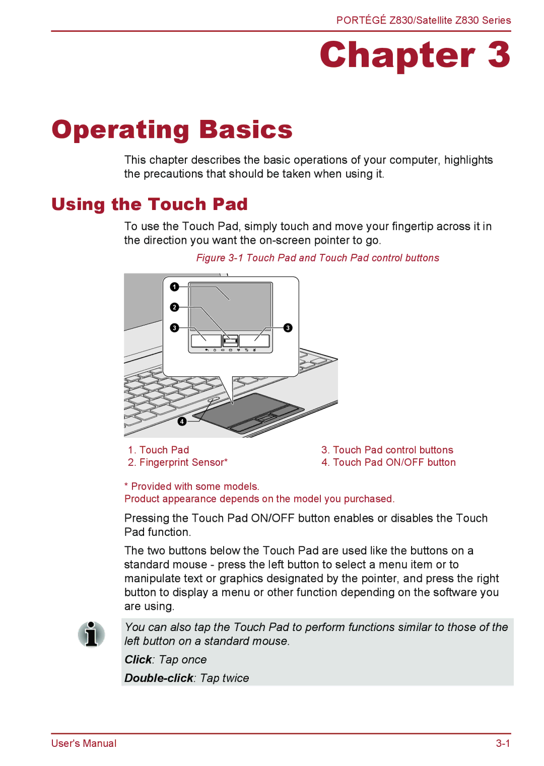 Toshiba Z830 user manual Operating Basics, Using the Touch Pad 