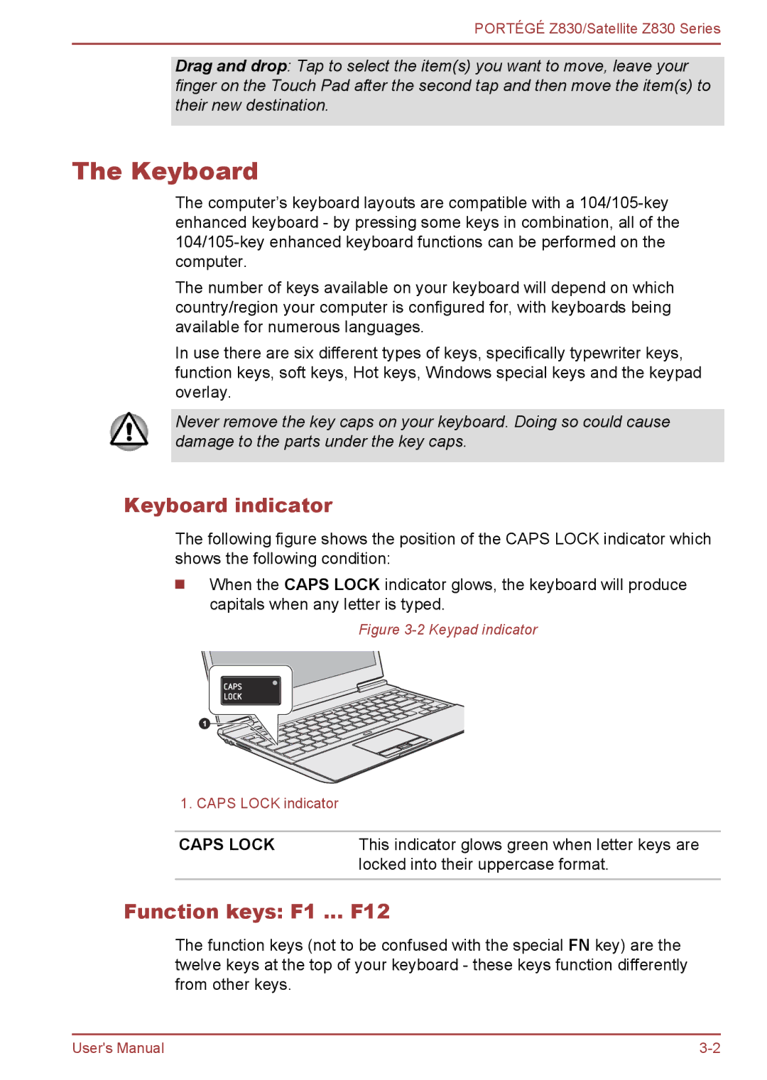 Toshiba Z830 user manual Keyboard indicator, Function keys F1 … F12 