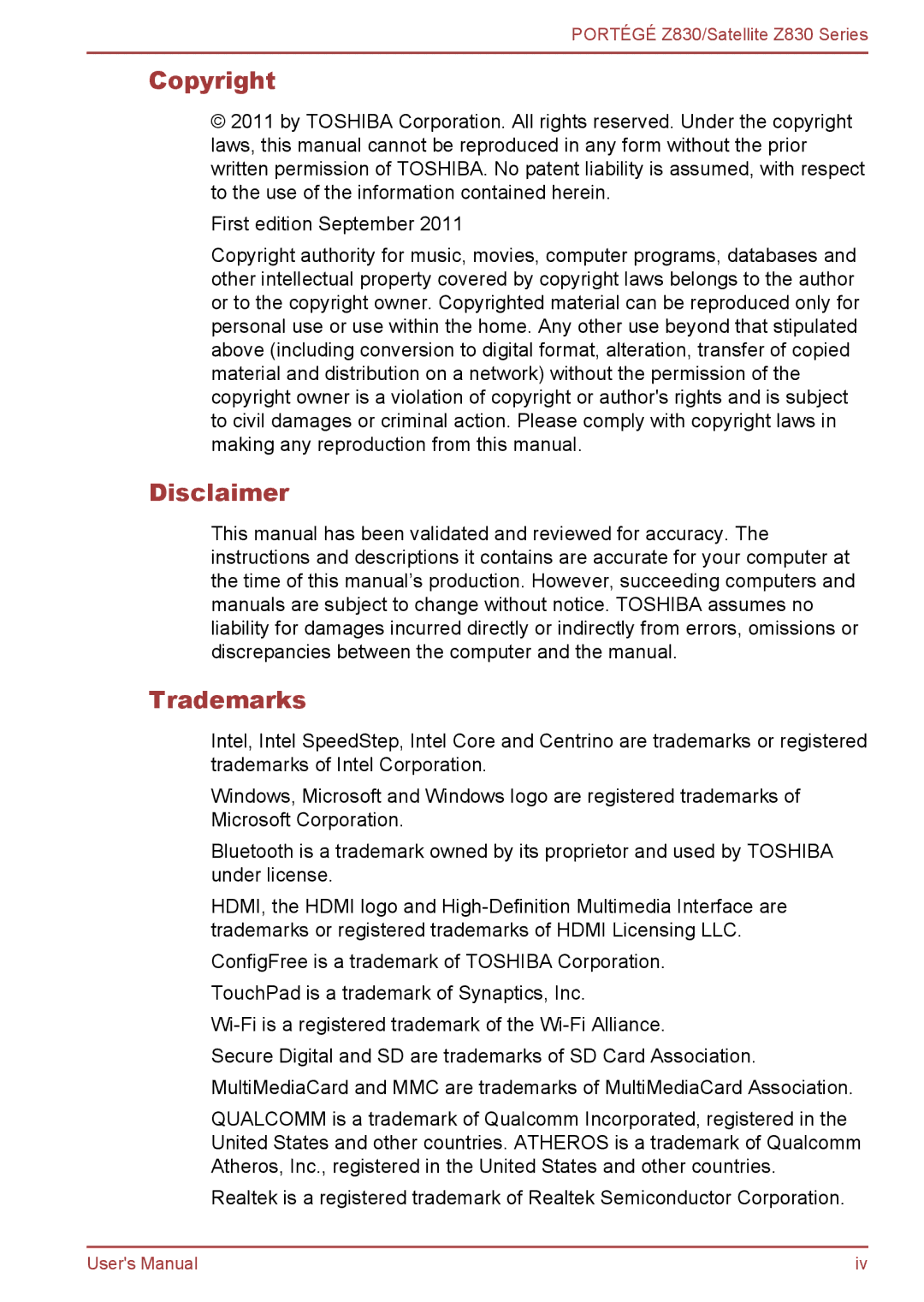 Toshiba Z830 user manual Copyright, Disclaimer, Trademarks 