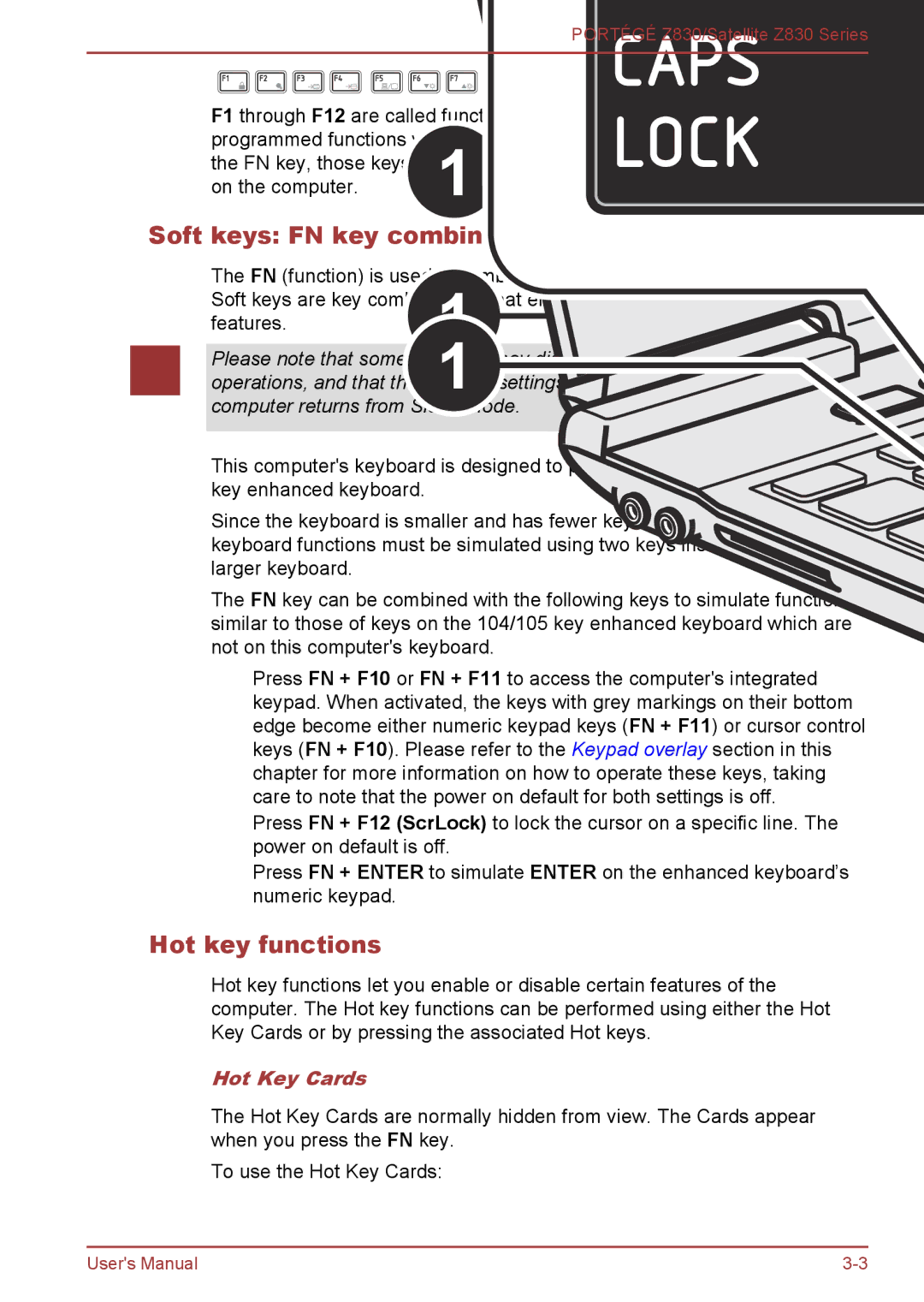 Toshiba Z830 user manual Soft keys FN key combinations, Hot key functions, Hot Key Cards 