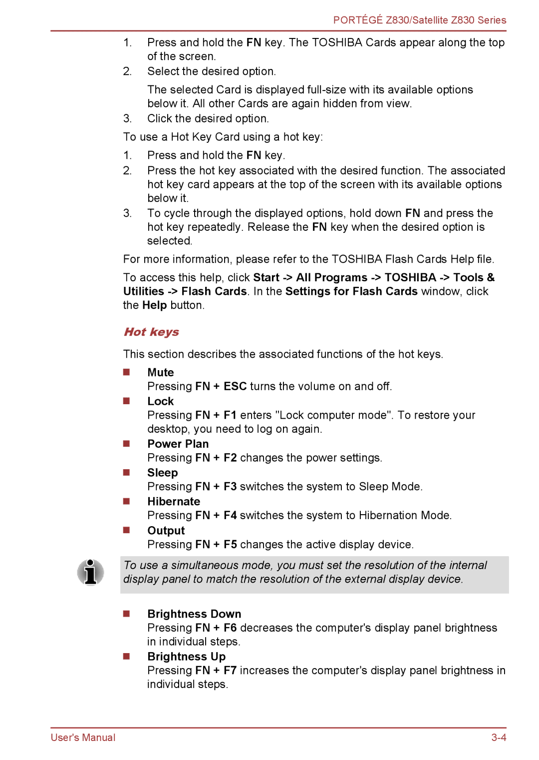 Toshiba Z830 user manual Hot keys 