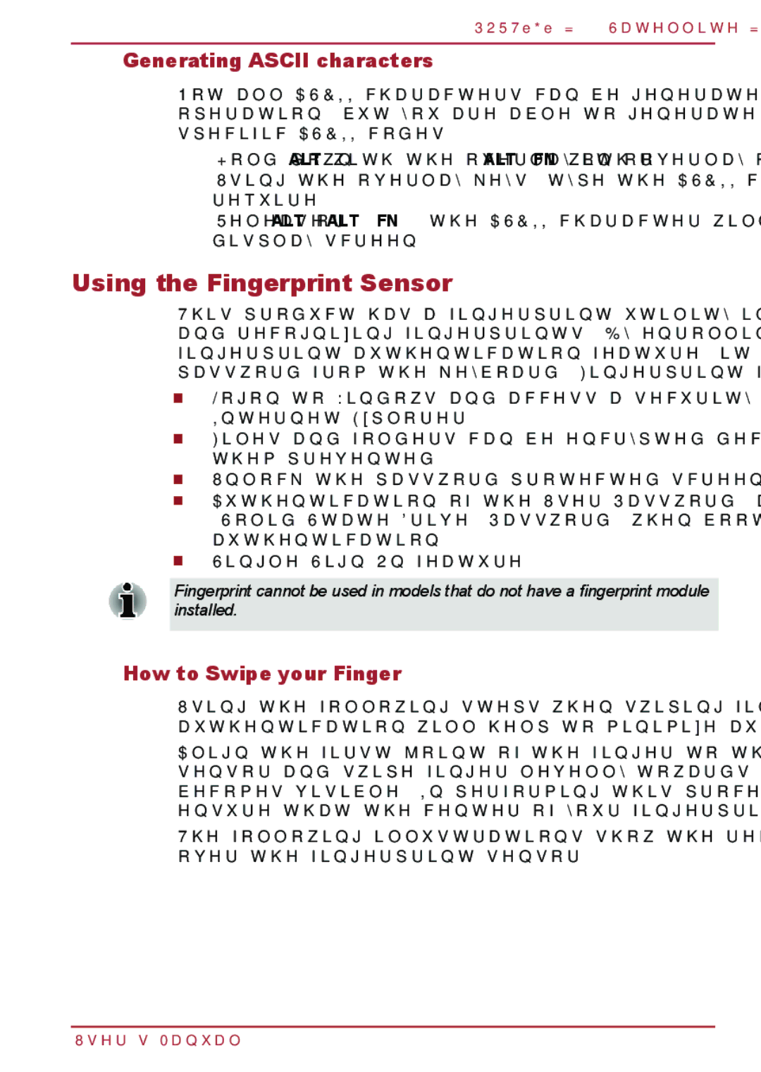 Toshiba Z830 user manual Using the Fingerprint Sensor, Generating Ascii characters, How to Swipe your Finger 