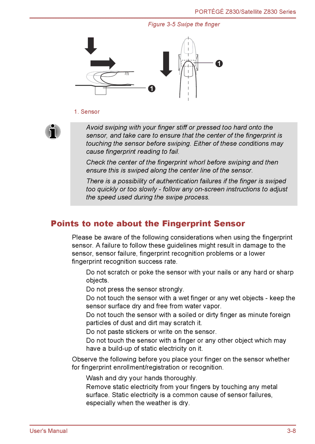 Toshiba Z830 user manual Points to note about the Fingerprint Sensor, Swipe the finger 