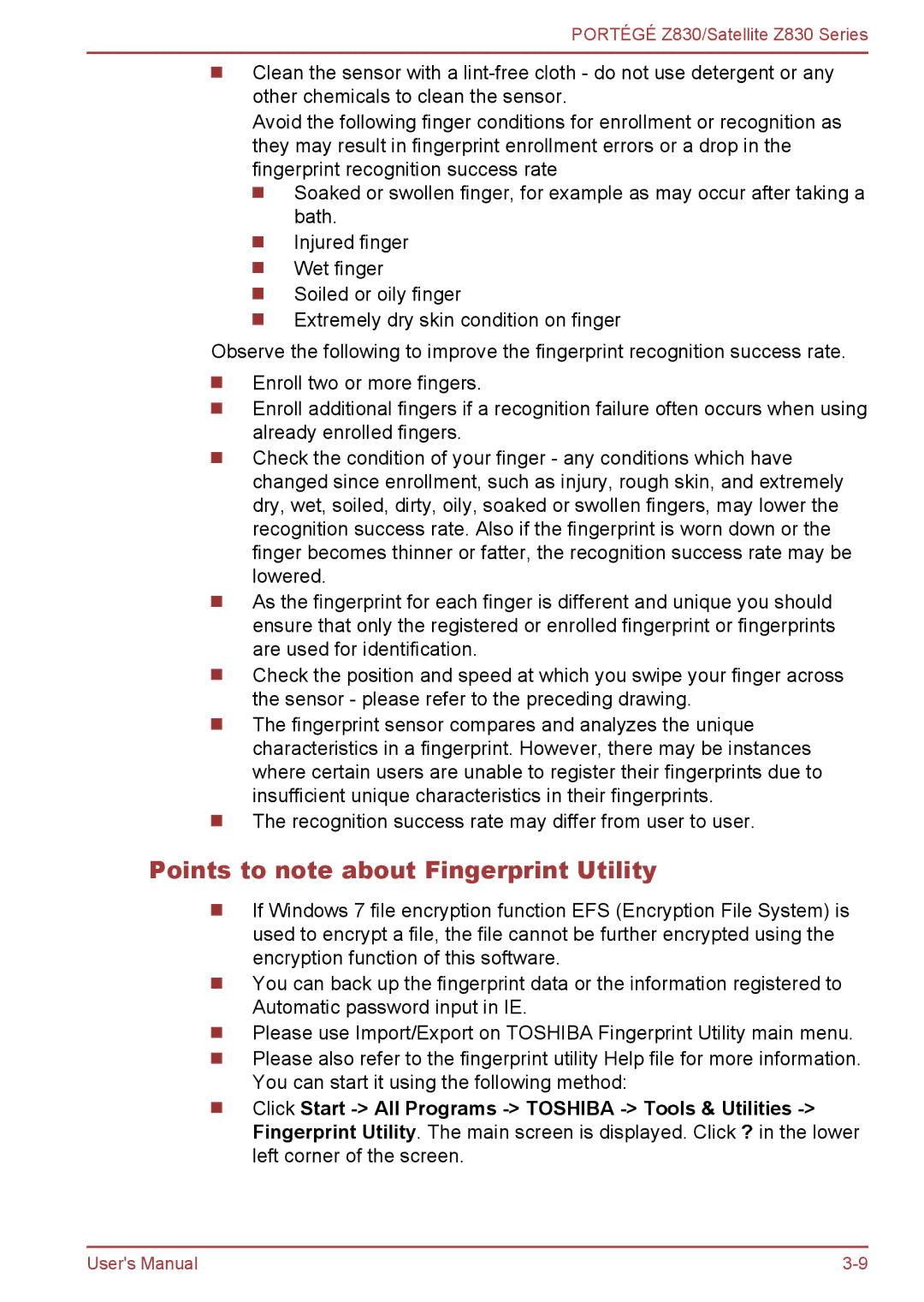 Toshiba Z830 user manual Points to note about Fingerprint Utility 