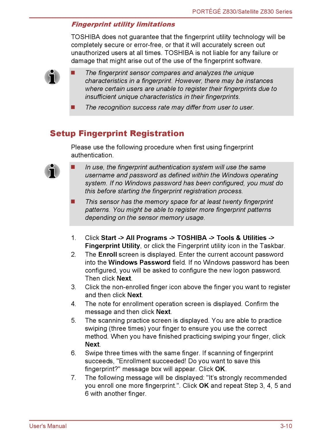 Toshiba Z830 user manual Setup Fingerprint Registration, Fingerprint utility limitations 