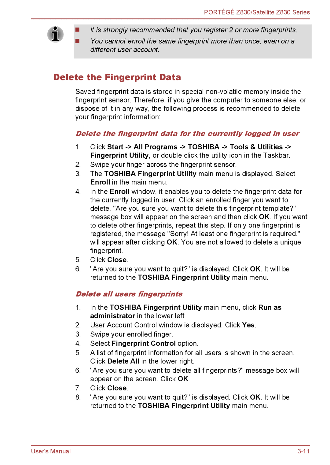 Toshiba Z830 user manual Delete the Fingerprint Data, Delete all users fingerprints, Select Fingerprint Control option 