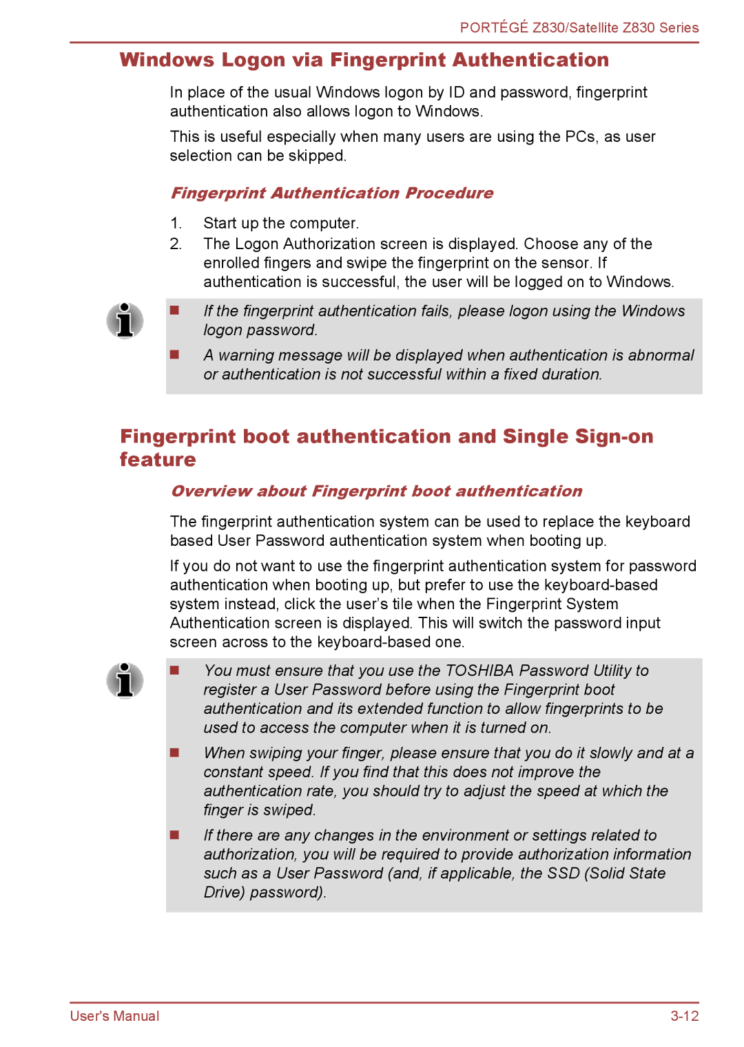 Toshiba Z830 Windows Logon via Fingerprint Authentication, Fingerprint boot authentication and Single Sign-on feature 