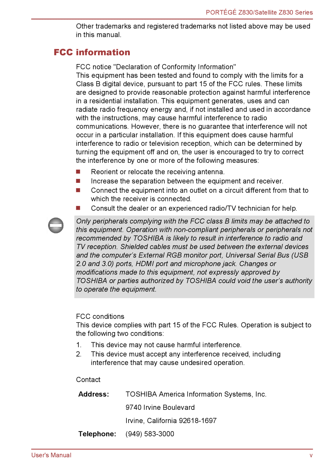 Toshiba Z830 user manual FCC information 