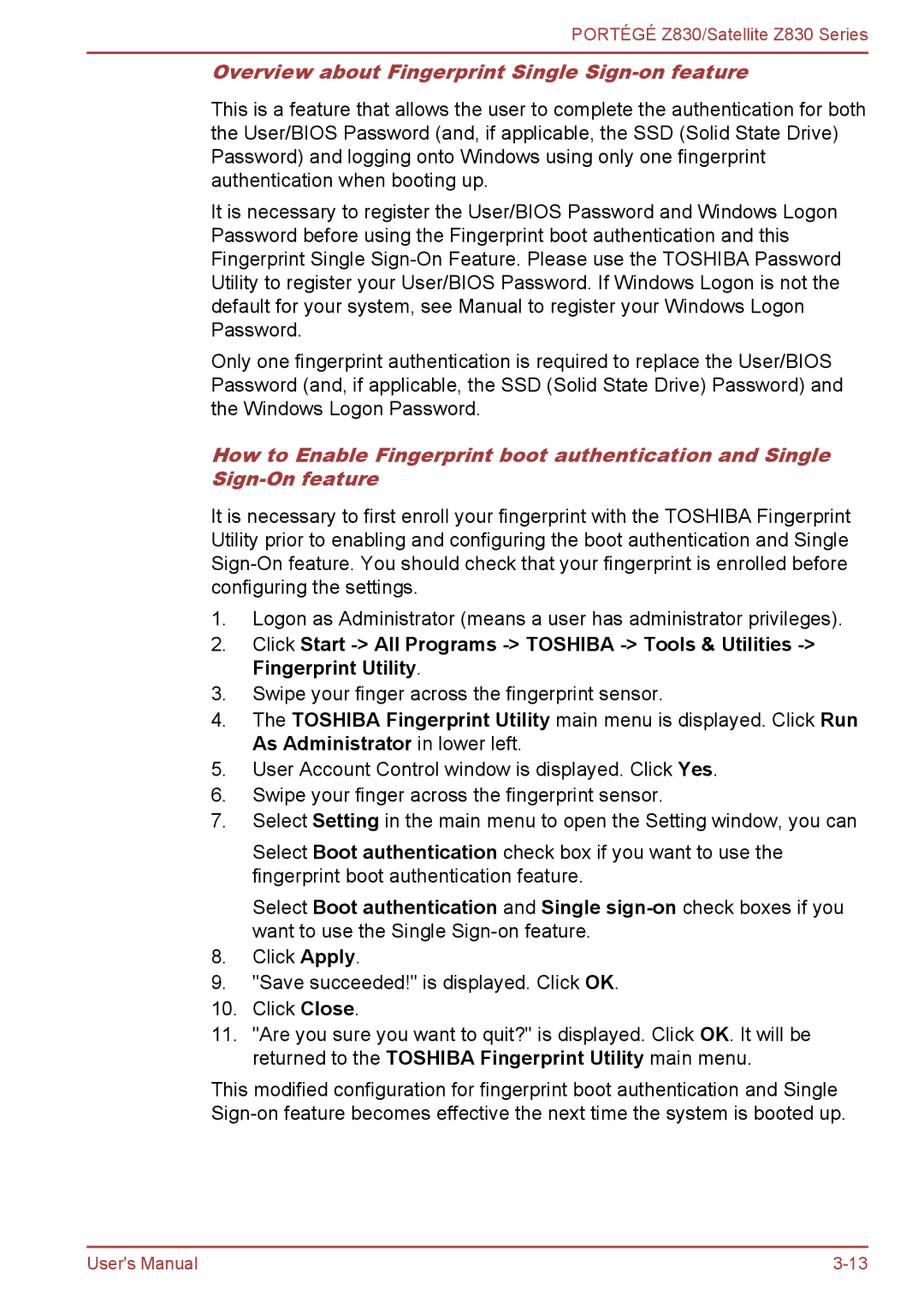 Toshiba Z830 user manual Overview about Fingerprint Single Sign-on feature 