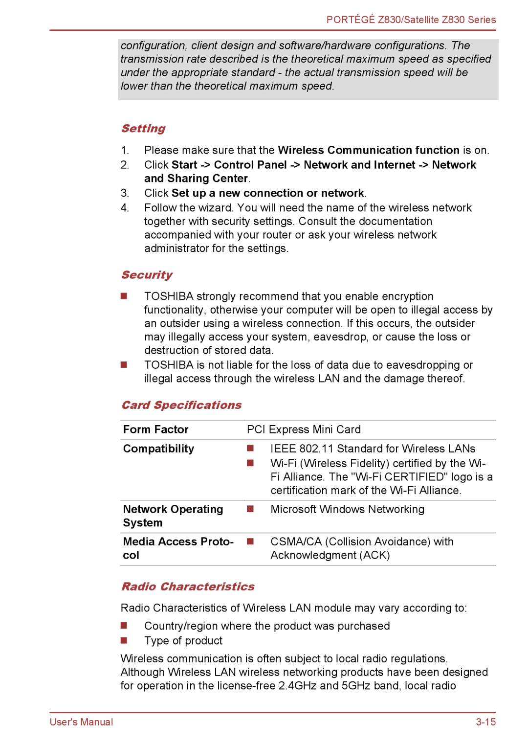 Toshiba Z830 user manual Setting, Security, Card Specifications, Radio Characteristics 