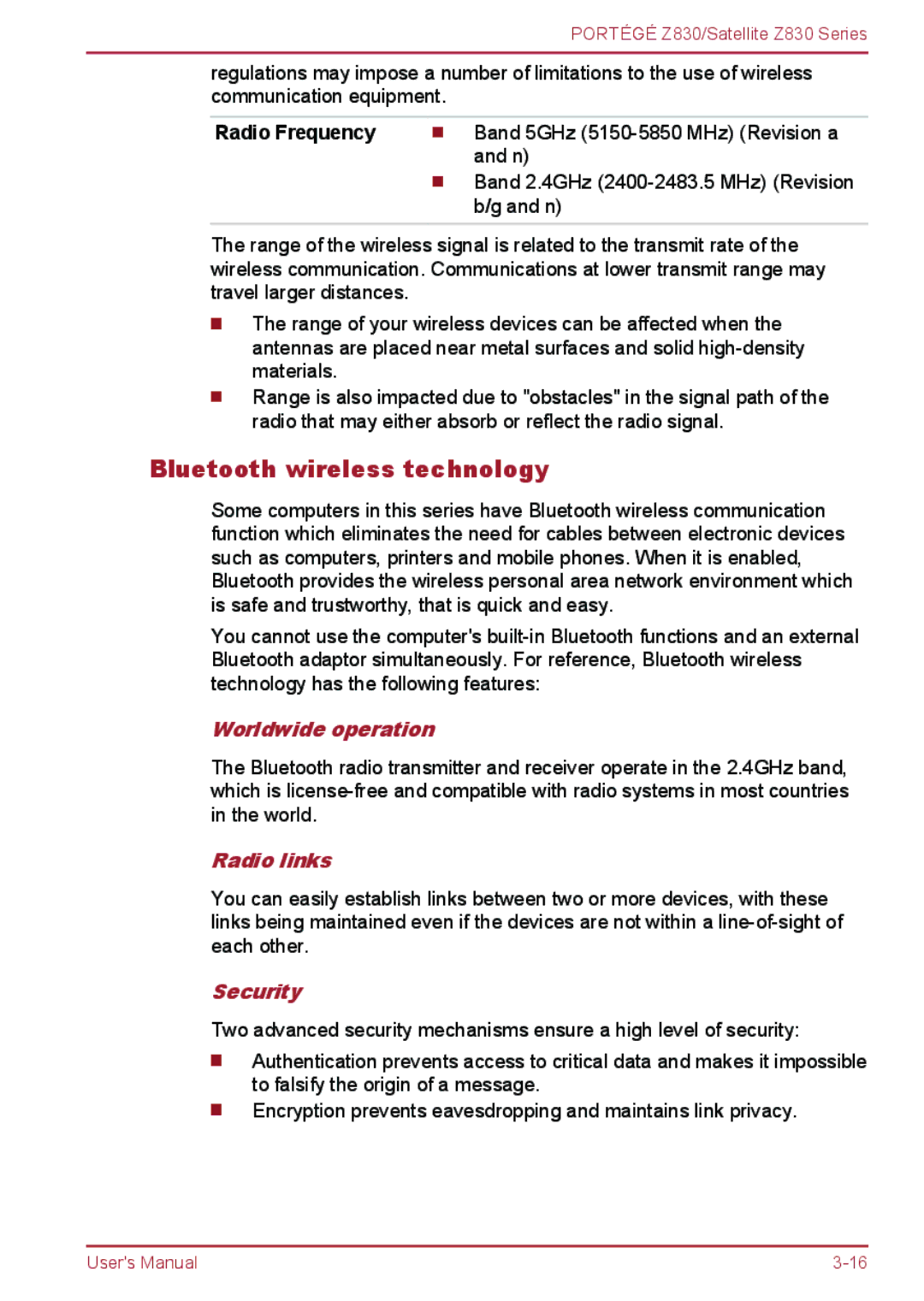 Toshiba Z830 user manual Bluetooth wireless technology, Radio Frequency, Worldwide operation, Radio links 