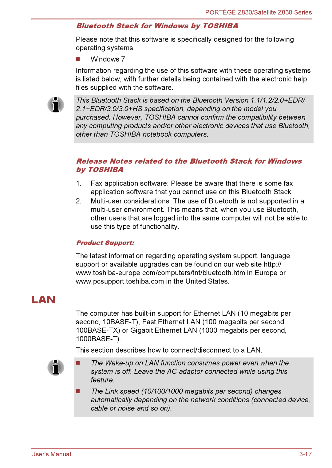 Toshiba Z830 user manual Lan, Bluetooth Stack for Windows by Toshiba 