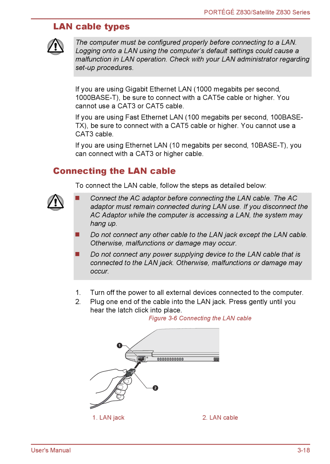 Toshiba Z830 user manual LAN cable types, Connecting the LAN cable 