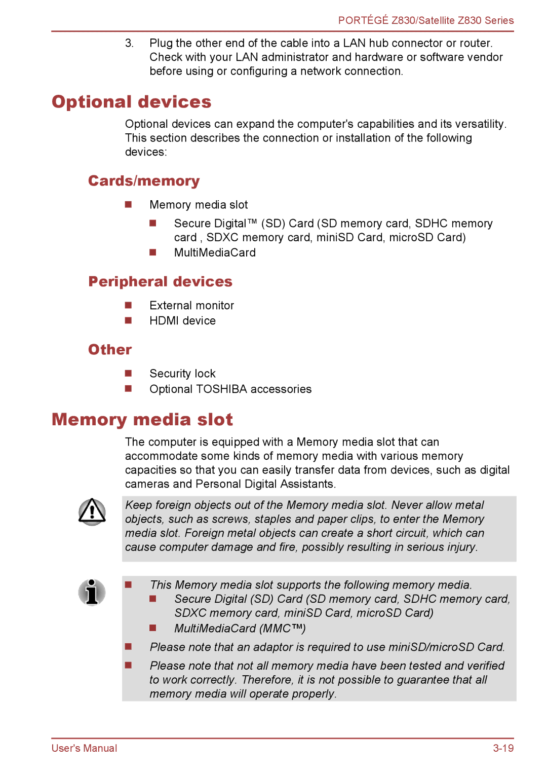 Toshiba Z830 user manual Optional devices, Memory media slot, Cards/memory, Peripheral devices, Other 