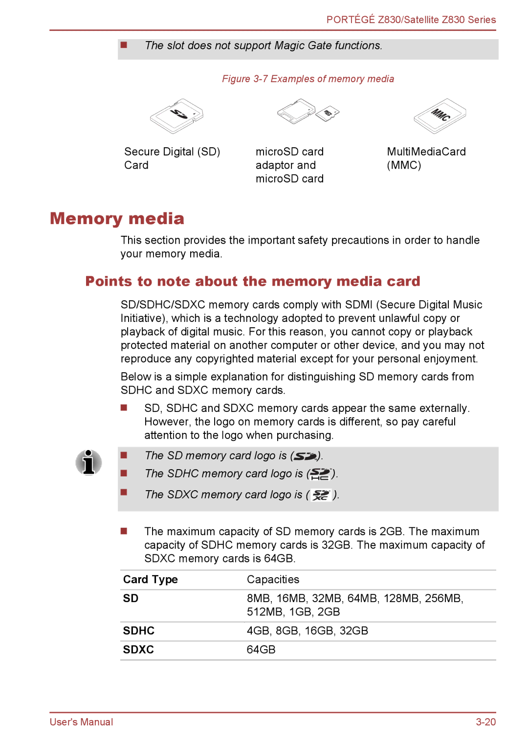 Toshiba Z830 user manual Memory media, Points to note about the memory media card, Card Type 