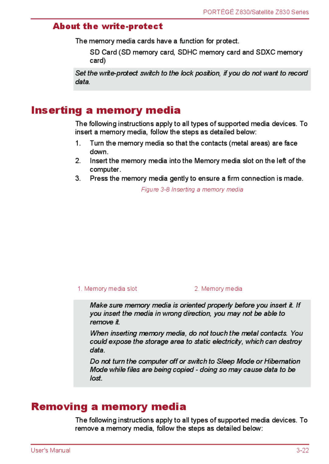 Toshiba Z830 user manual Inserting a memory media, Removing a memory media, About the write-protect 