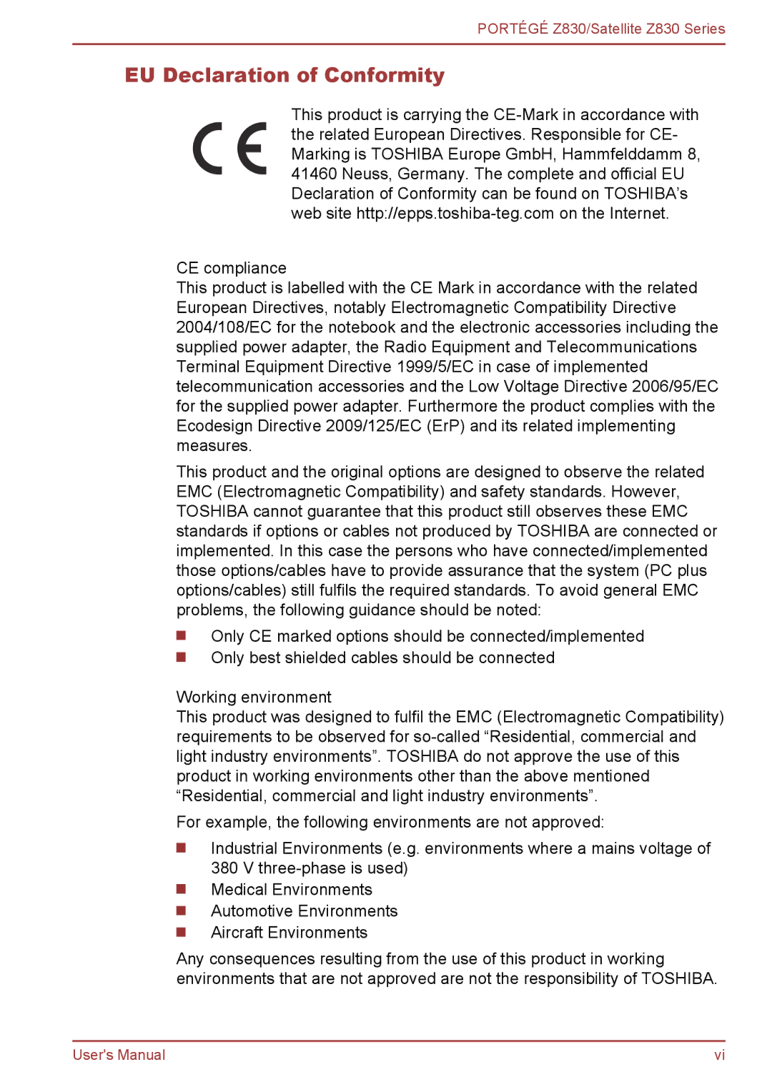 Toshiba Z830 user manual EU Declaration of Conformity 