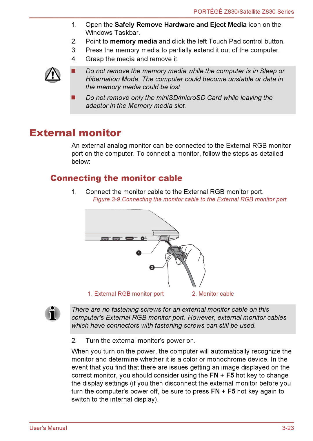 Toshiba Z830 user manual External monitor, Connecting the monitor cable 