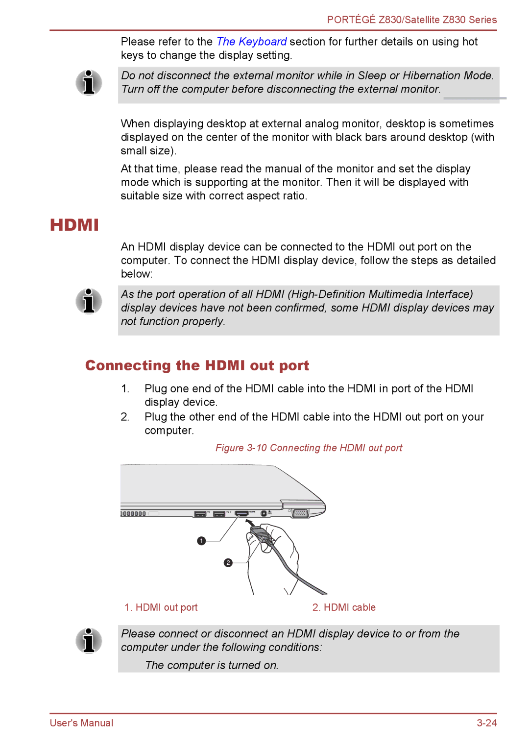 Toshiba Z830 user manual Connecting the Hdmi out port 