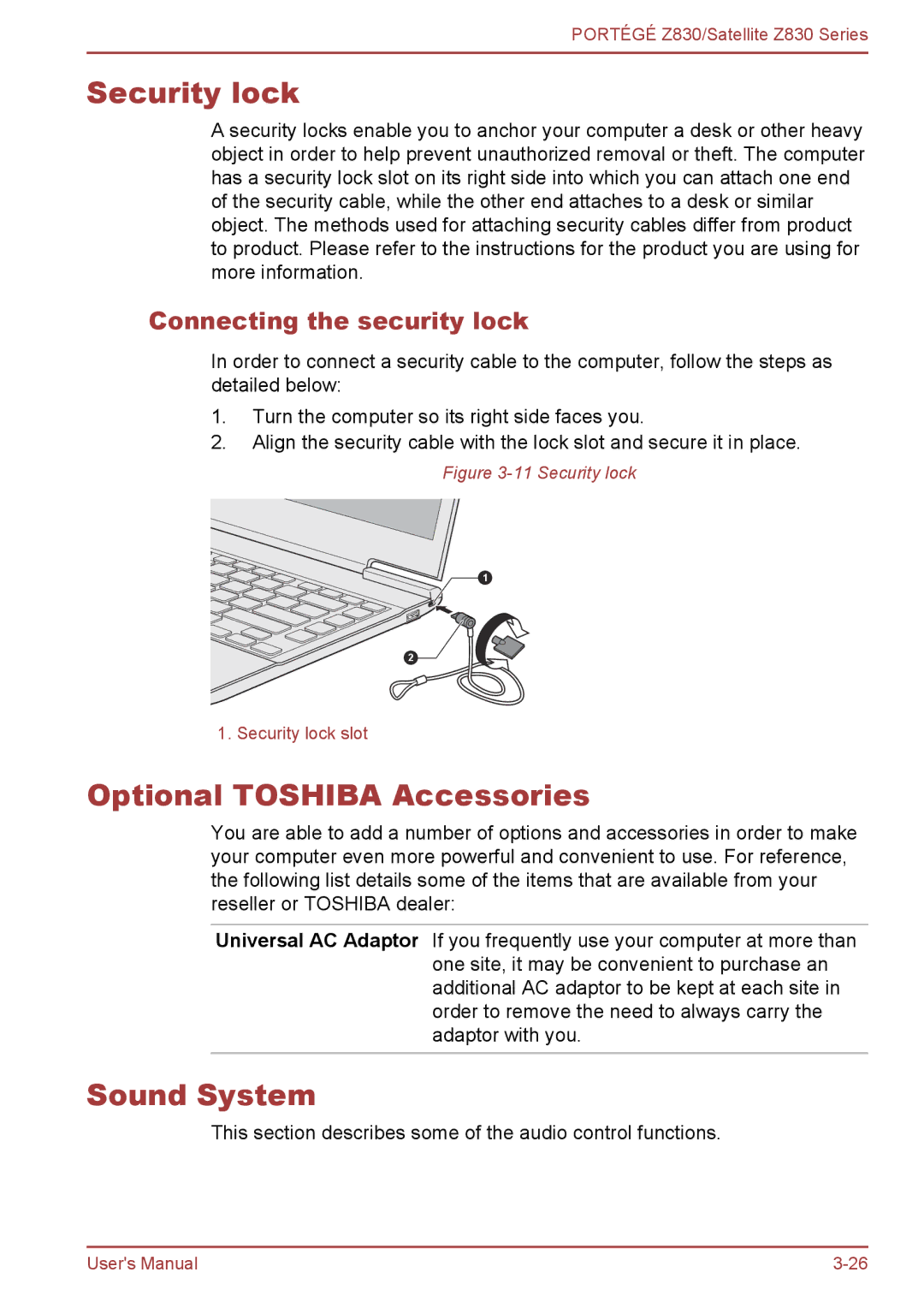 Toshiba Z830 user manual Security lock, Optional Toshiba Accessories, Sound System, Connecting the security lock 