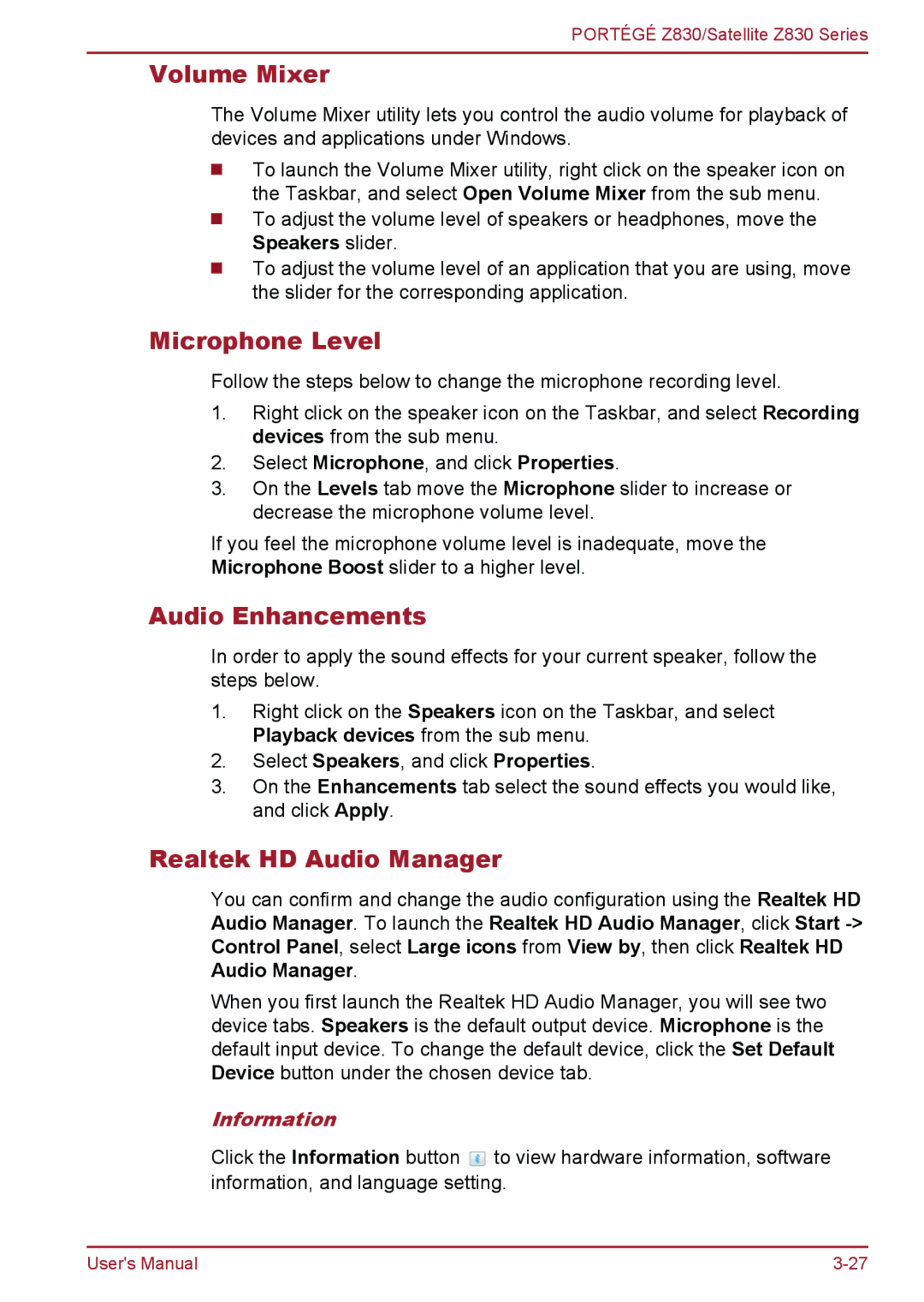Toshiba Z830 user manual Volume Mixer, Microphone Level, Audio Enhancements, Realtek HD Audio Manager, Information 