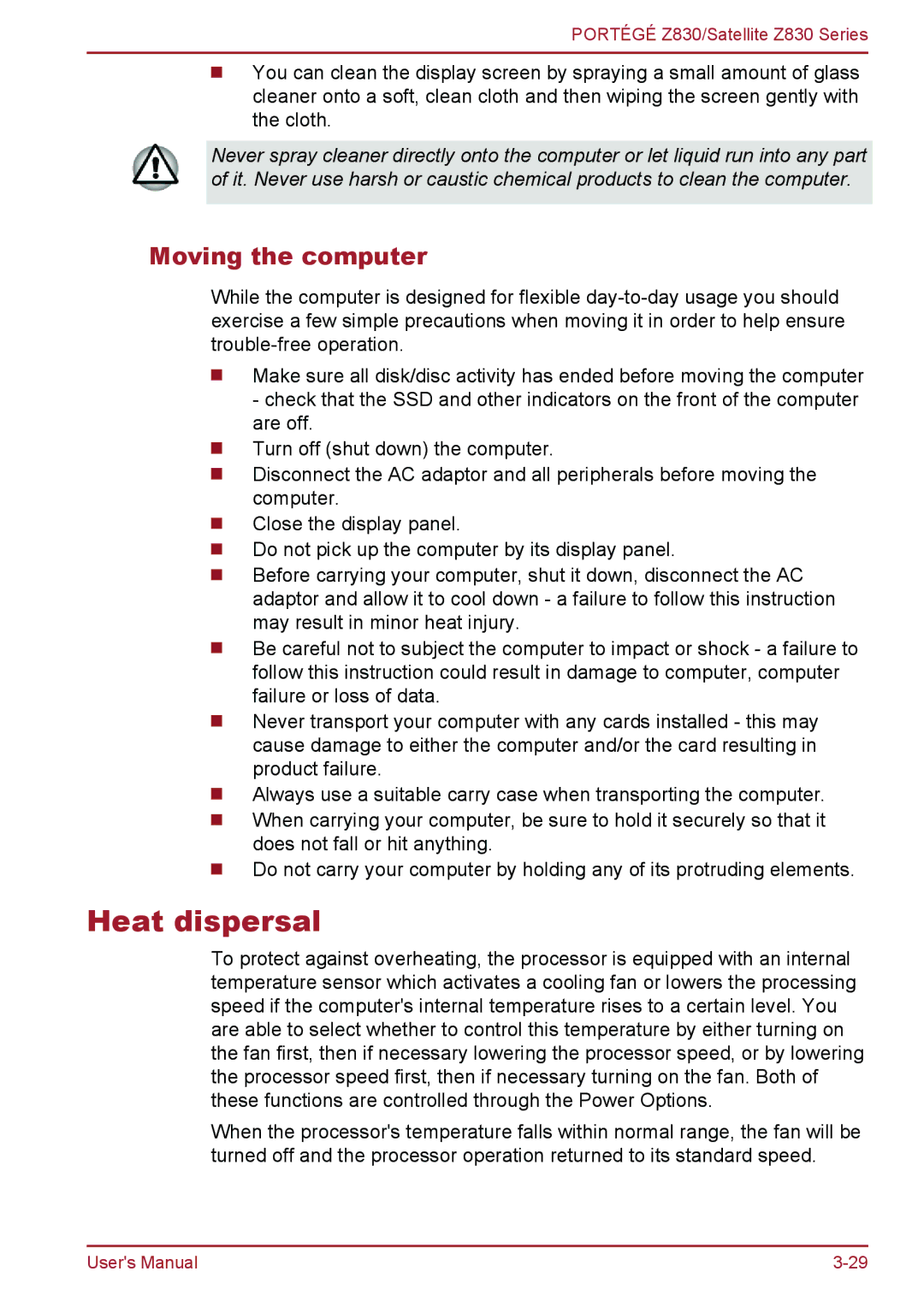 Toshiba Z830 user manual Heat dispersal, Moving the computer 