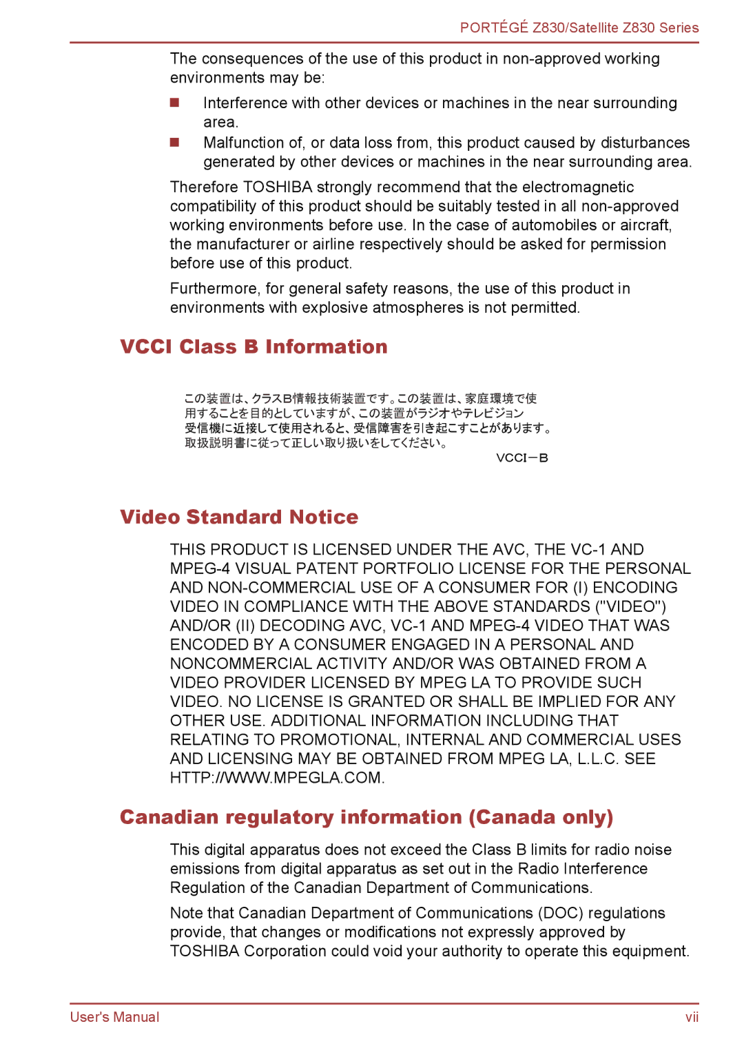 Toshiba Z830 user manual Vcci Class B Information 