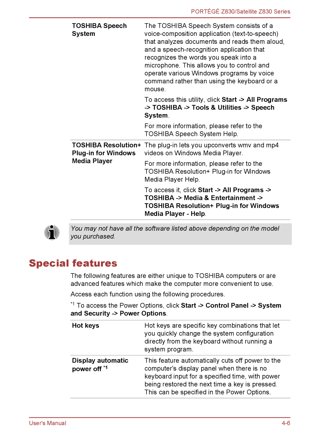 Toshiba Z830 user manual Special features, Hot keys, Display automatic power off *1 